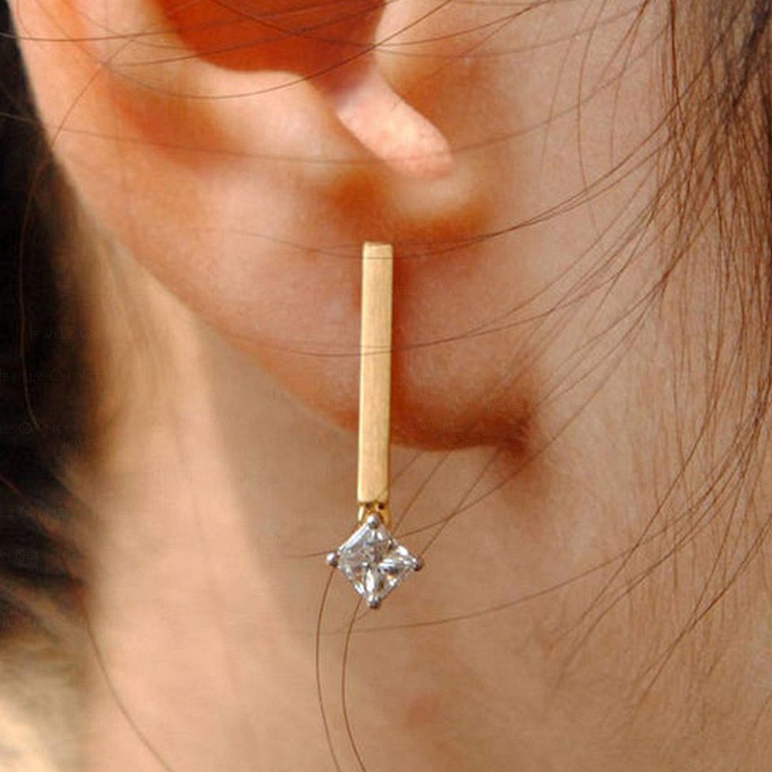 14K Gold 0.36 Ct. Genuine Princess Cut Diamond Bar Earrings Fine Jewelry