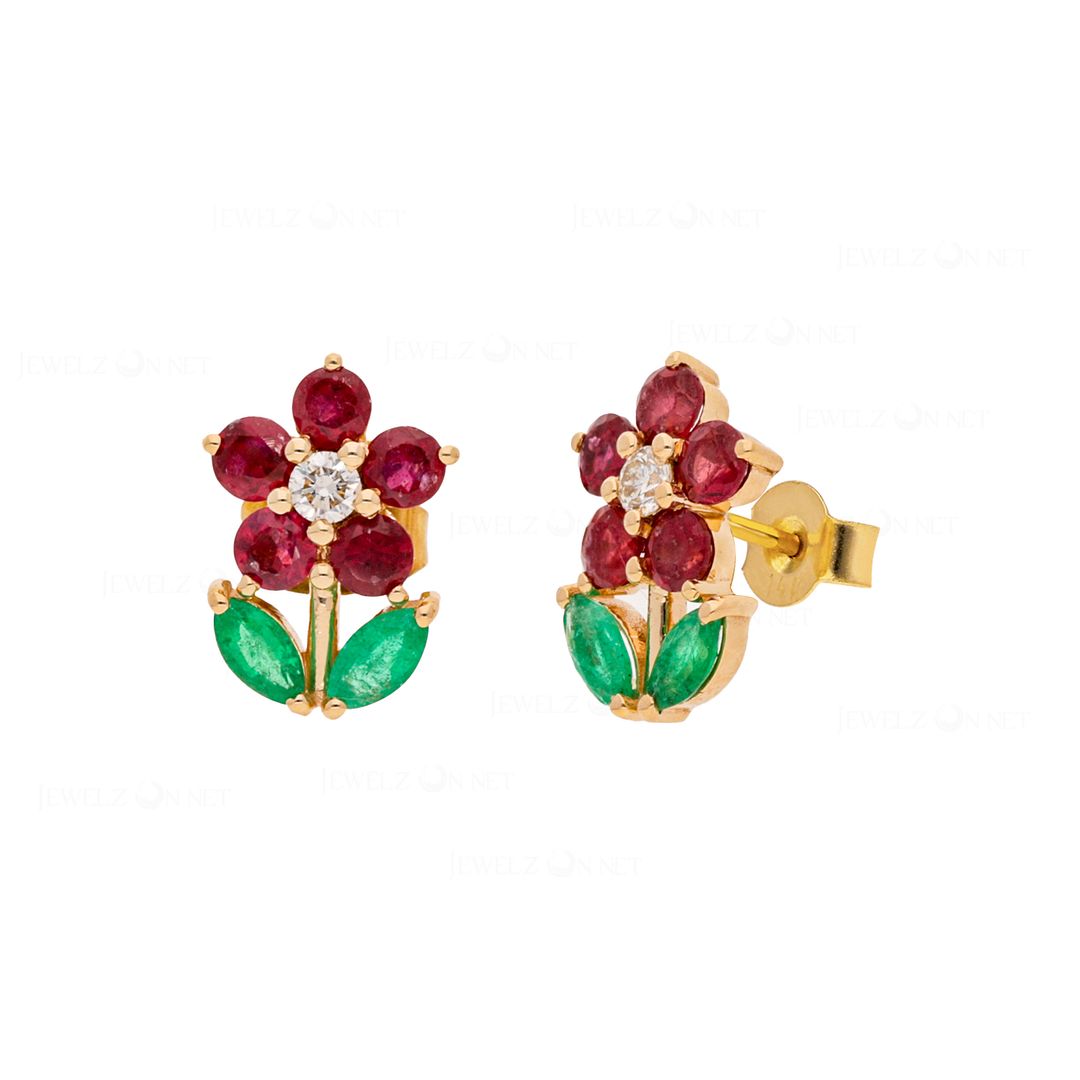 14K Gold Genuine Diamond Ruby And Emerald Gemstone Leaf Floral Fine Earrings