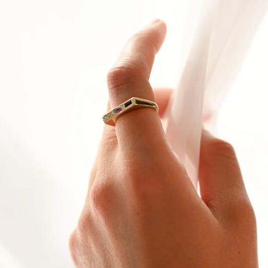 Horizontal Signet Ring|Diamond, Pink n Blue Sapphire