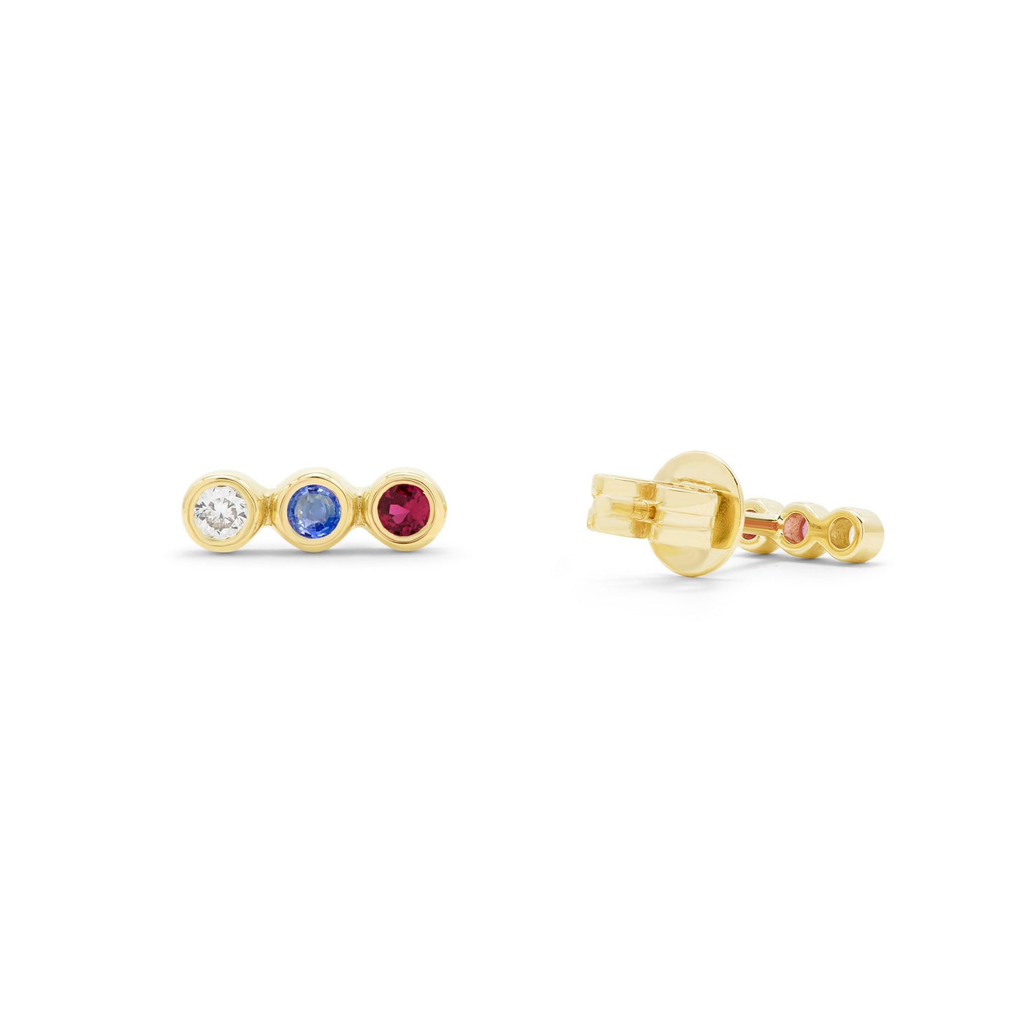 14K Gold Genuine Diamond Ruby & Blue Sapphire Three Stone Earrings Fine Jewelry