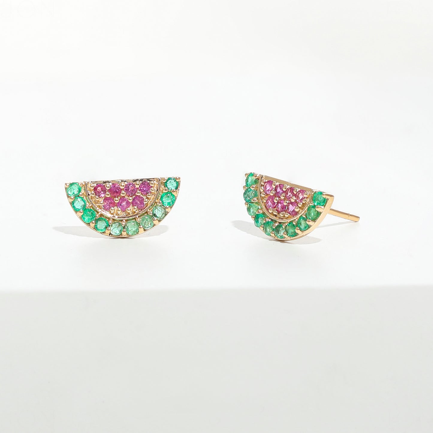 14K Gold Genuine Emerald And Pink Sapphire Gemstone Half Circle Studs Earrings