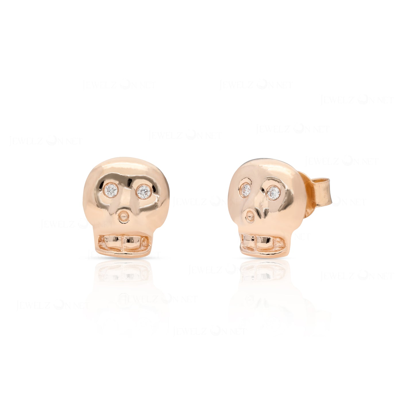 14K Gold 0.04 Ct. Genuine Diamond Skull Stud Earrings Halloween Fine Jewelry