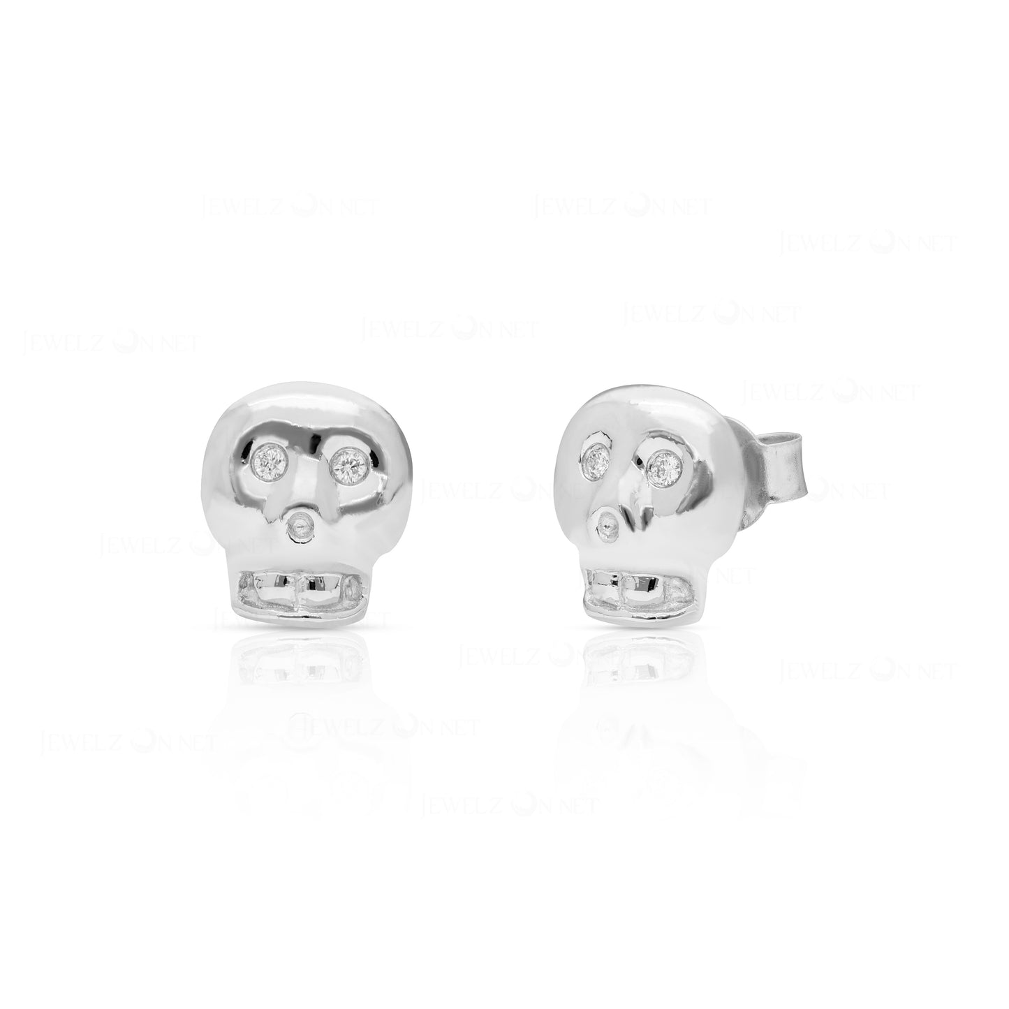 14K Gold 0.04 Ct. Genuine Diamond Skull Stud Earrings Halloween Fine Jewelry