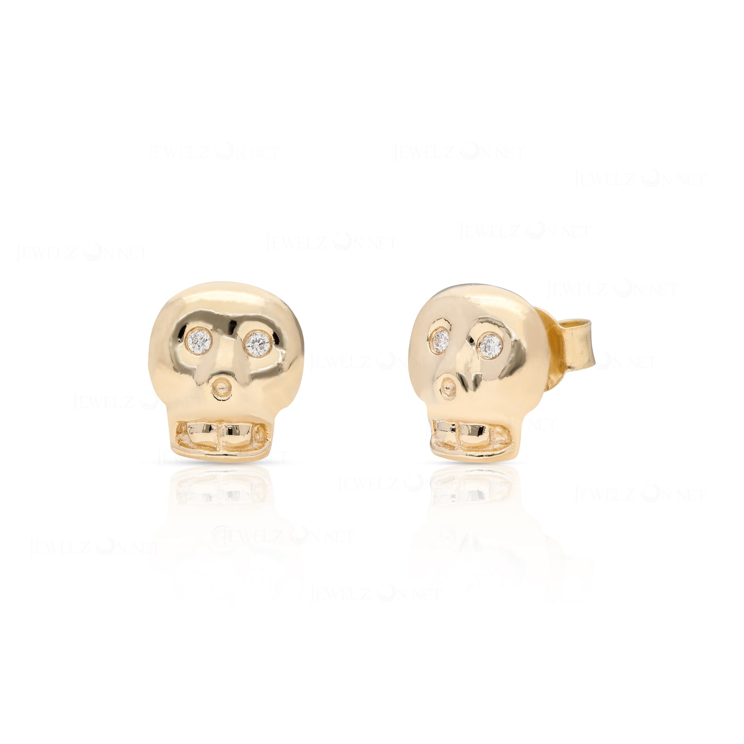 14K Gold 0.04 Ct. Genuine Diamond Skull Stud Earrings Halloween Fine Jewelry