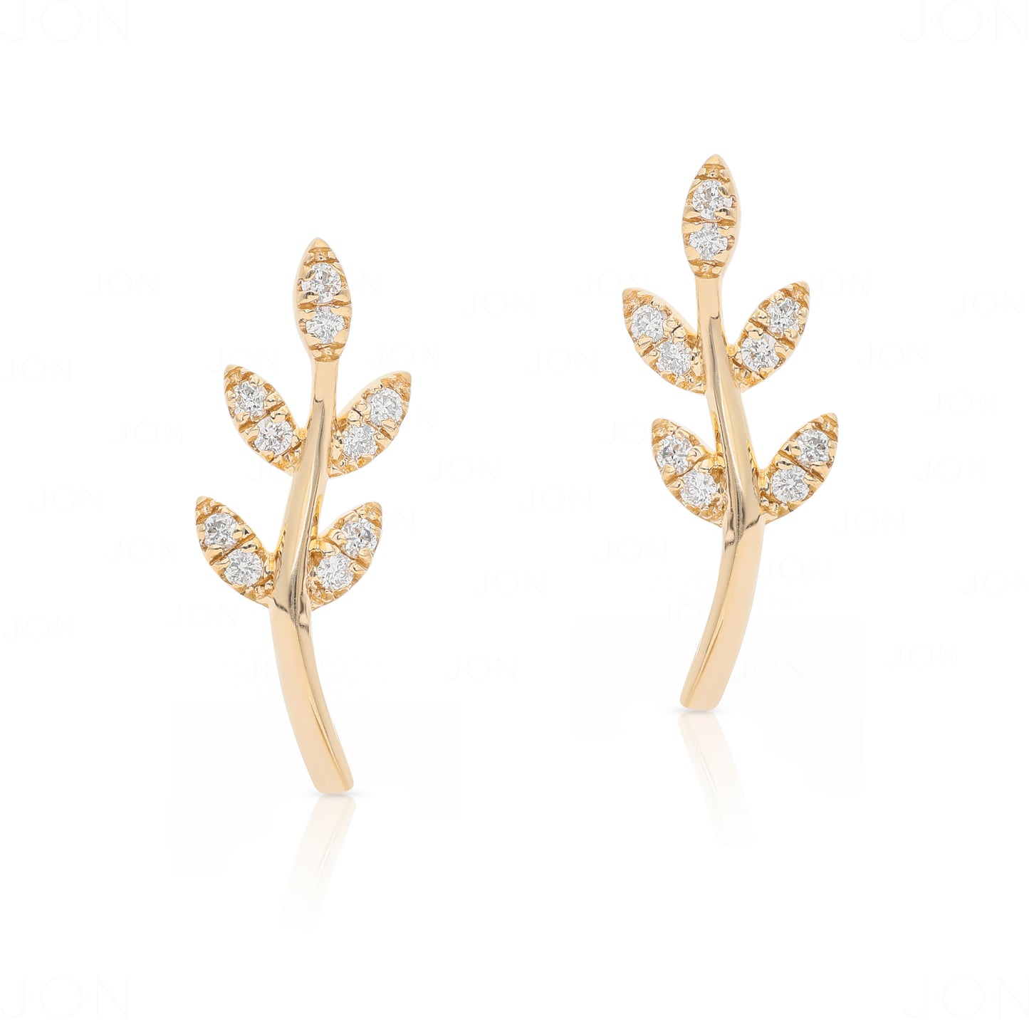 14K Gold 0.10 Ct. Genuine Diamond Leaf Earrings Handmade Fine Jewelry