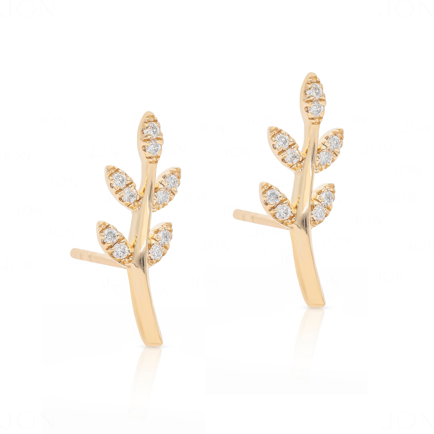 14K Gold 0.10 Ct. Genuine Diamond Leaf Earrings Handmade Fine Jewelry