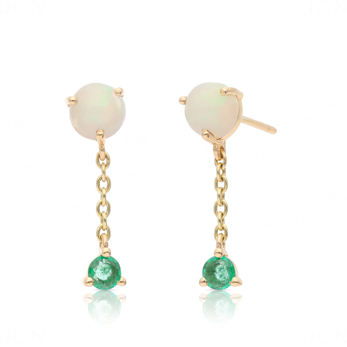 14K Gold Genuine Opal And Emerald Gemstone Two Step Chain Earrings Fine Jewelry