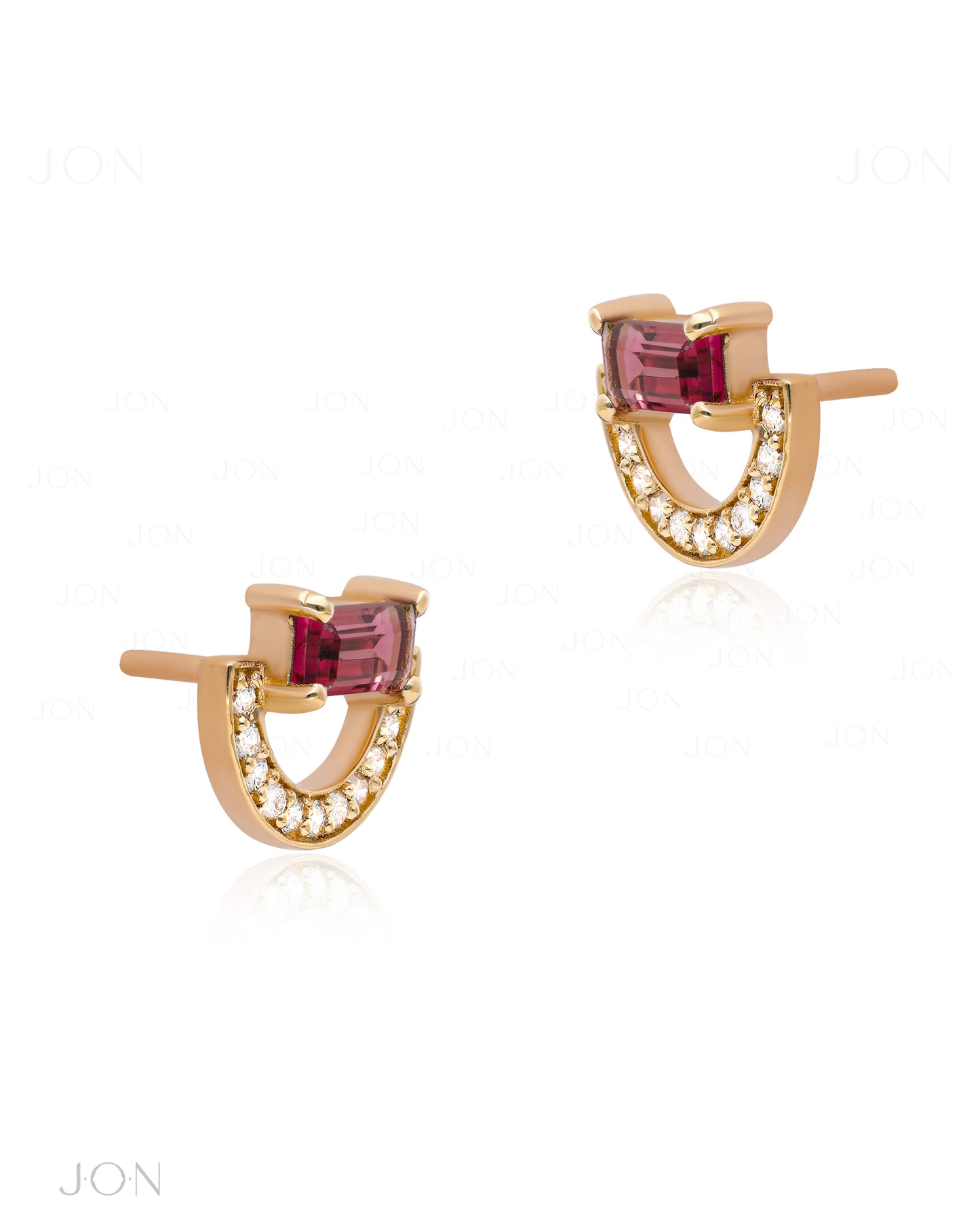 14K Gold Genuine Diamond And Pink Tourmaline Gemstone Art Deco Arc Stud Earrings
