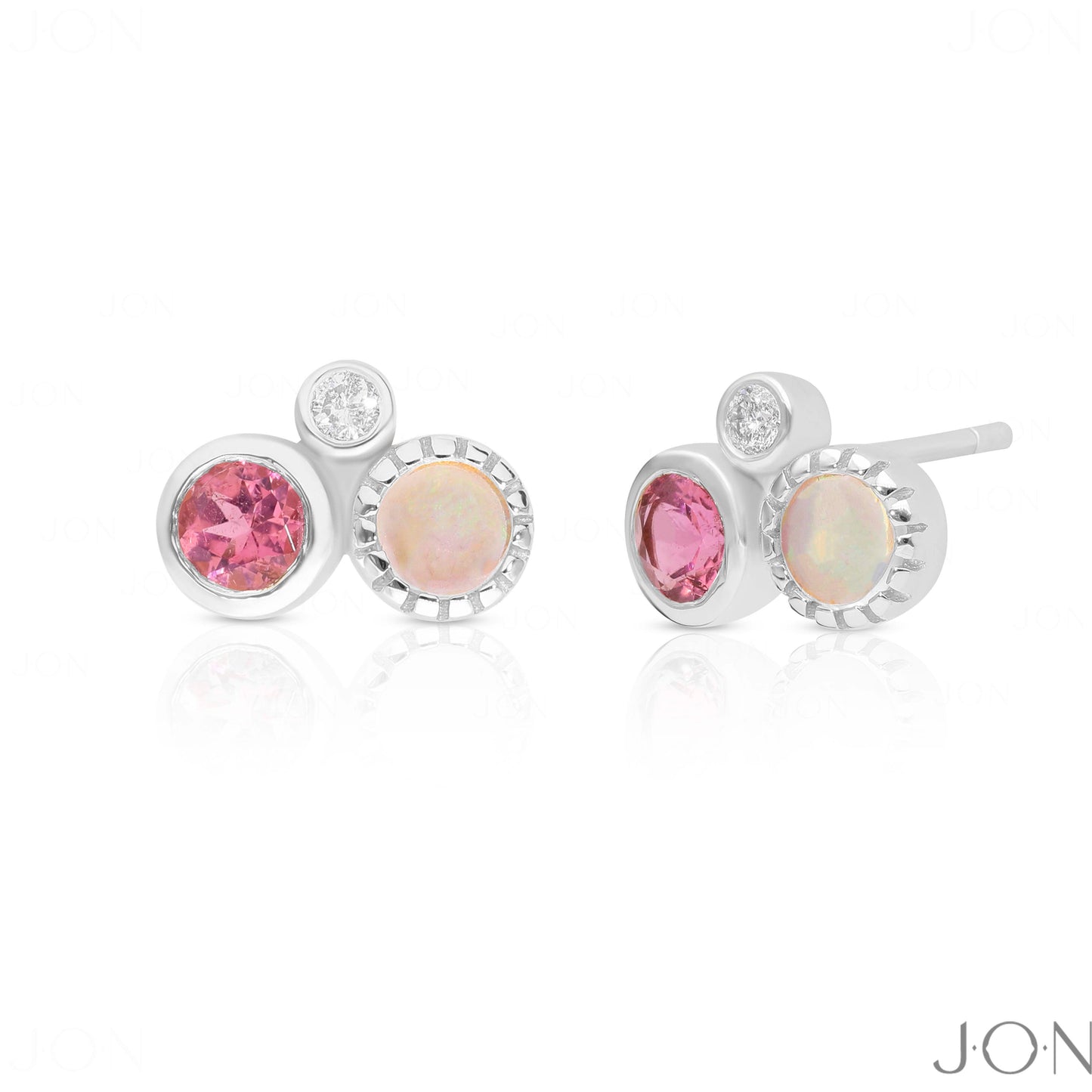 950 Platinum Genuine Diamond Opal And Pink Tourmaline Gemstone Earrings Jewelry