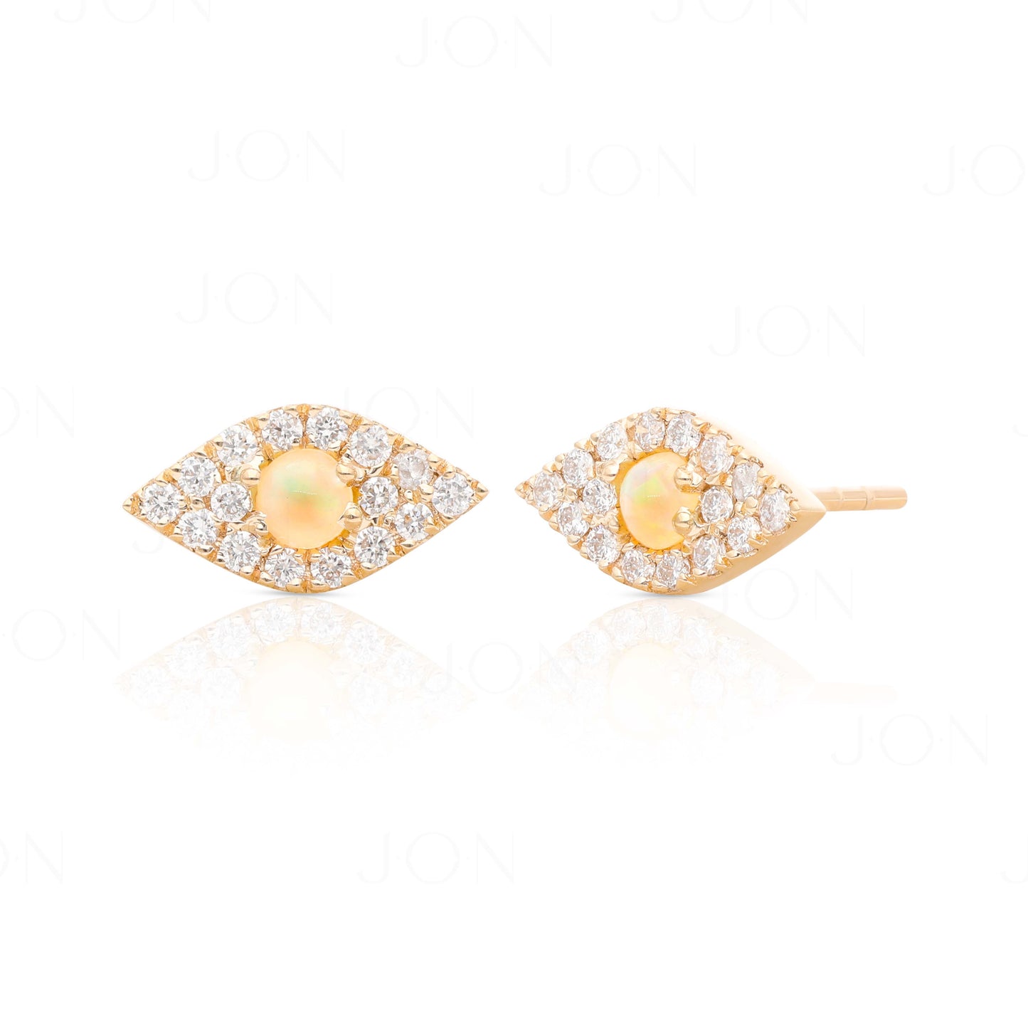 14K Gold Genuine Diamond-Opal October Birthstone Evil Eye Earrings Fine Jewelry