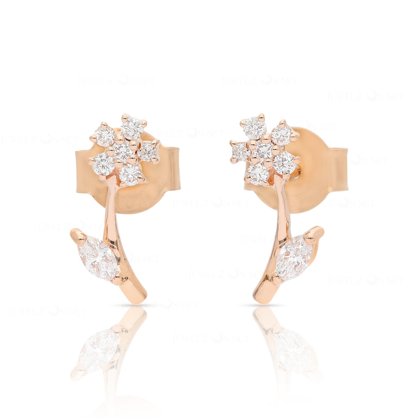 14K Gold 0.20 Ct. Genuine Diamond Leaf Floral Design Studs Earrings Fine Jewelry