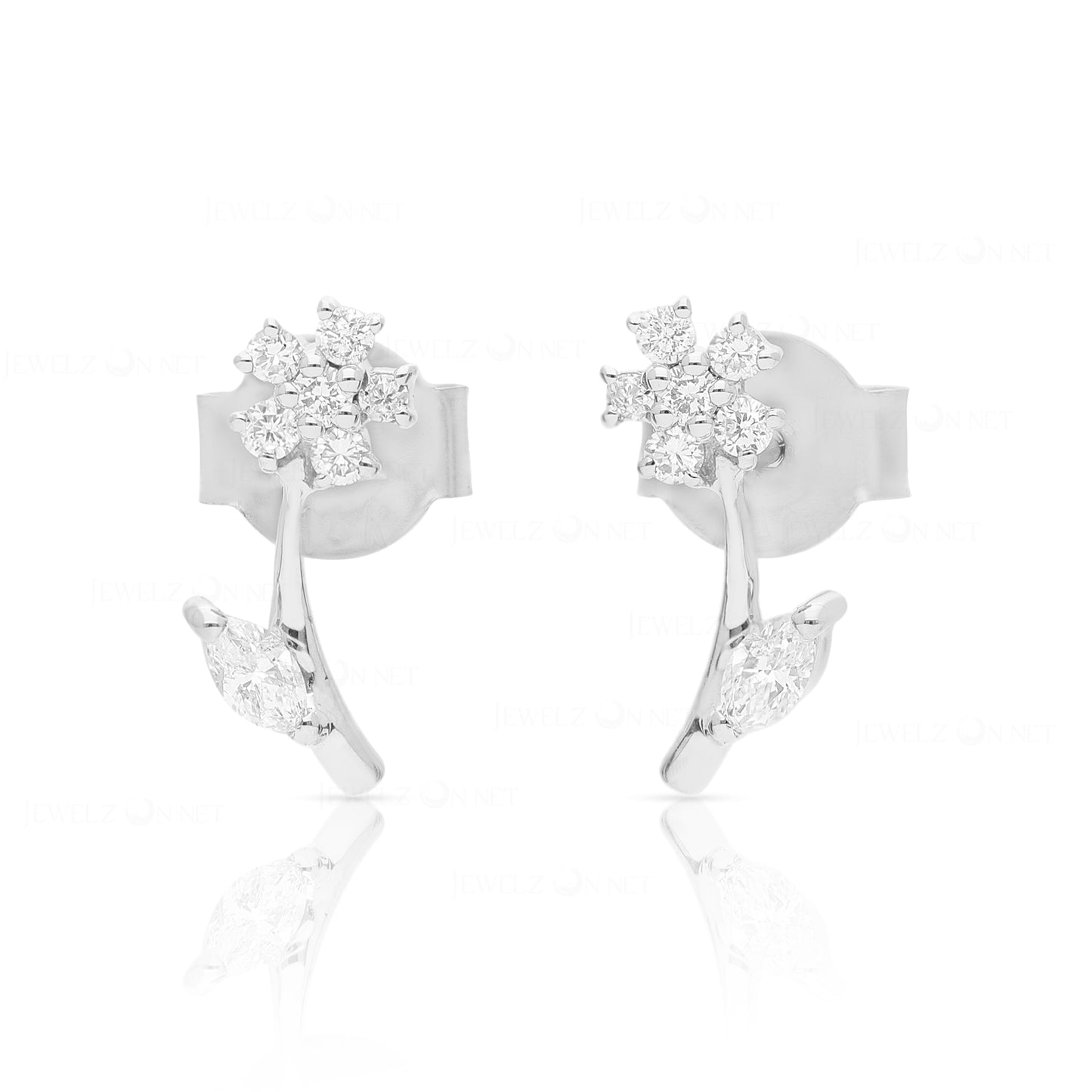 14K Gold 0.20 Ct. Genuine Diamond Leaf Floral Design Studs Earrings Fine Jewelry