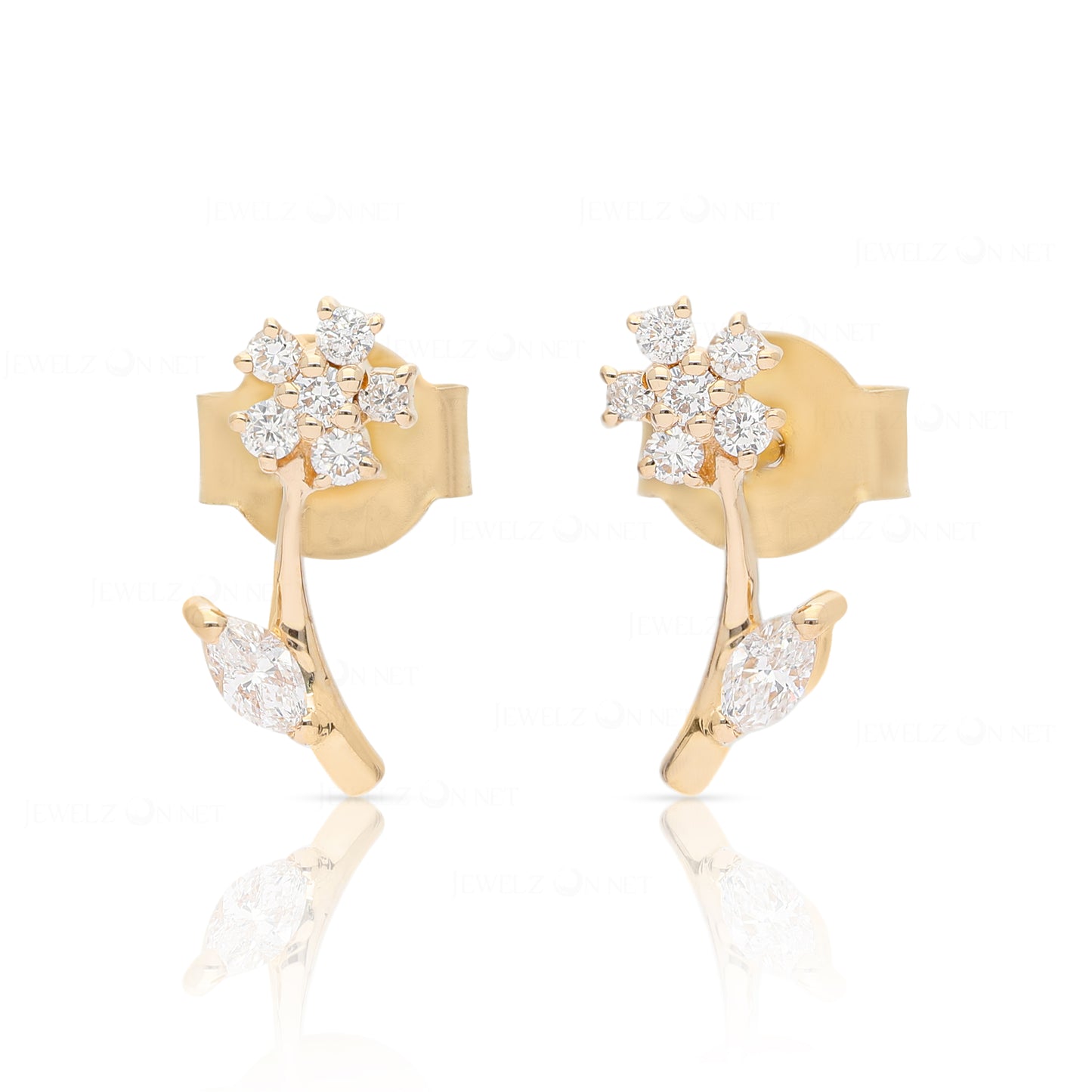 14K Gold 0.20 Ct. Genuine Diamond Leaf Floral Design Studs Earrings Fine Jewelry