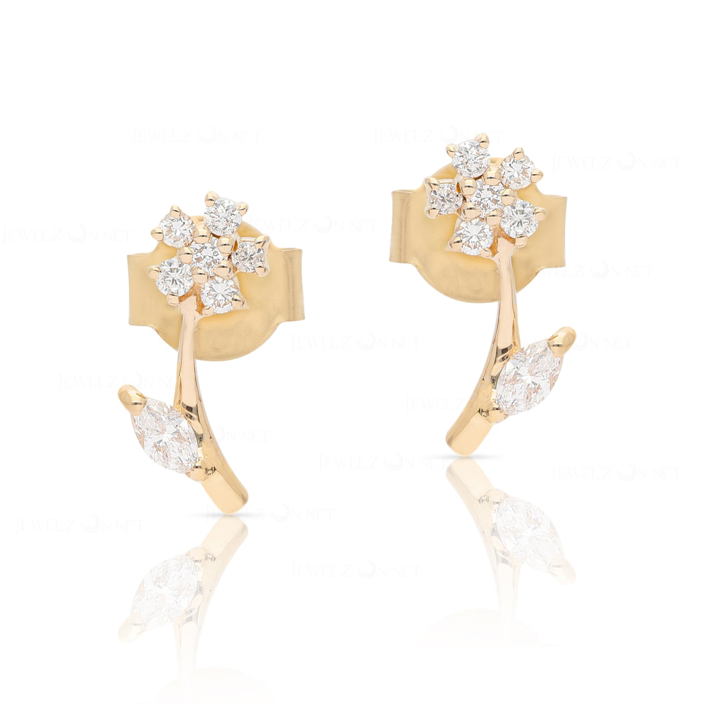 14K Gold 0.20 Ct. Genuine Diamond Leaf Floral Design Studs Earrings Fine Jewelry