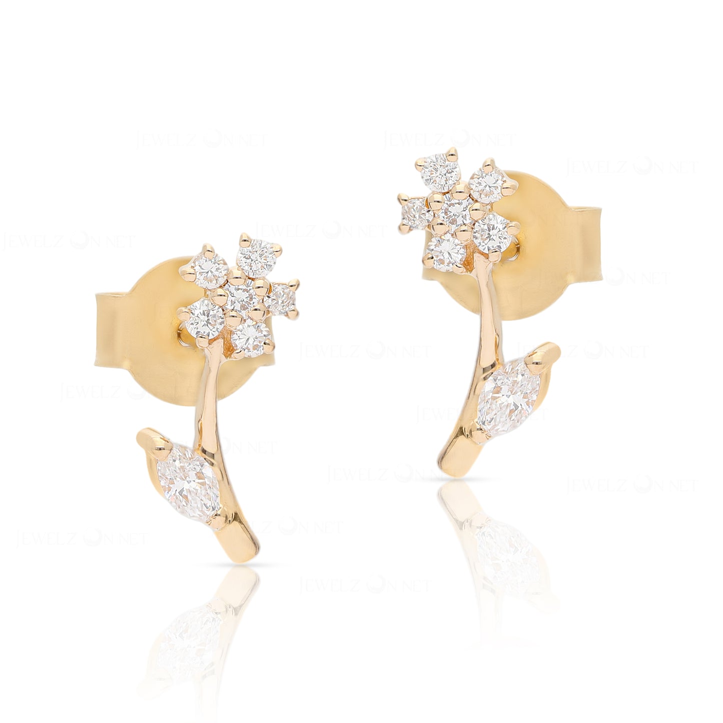 14K Gold 0.20 Ct. Genuine Diamond Leaf Floral Design Studs Earrings Fine Jewelry