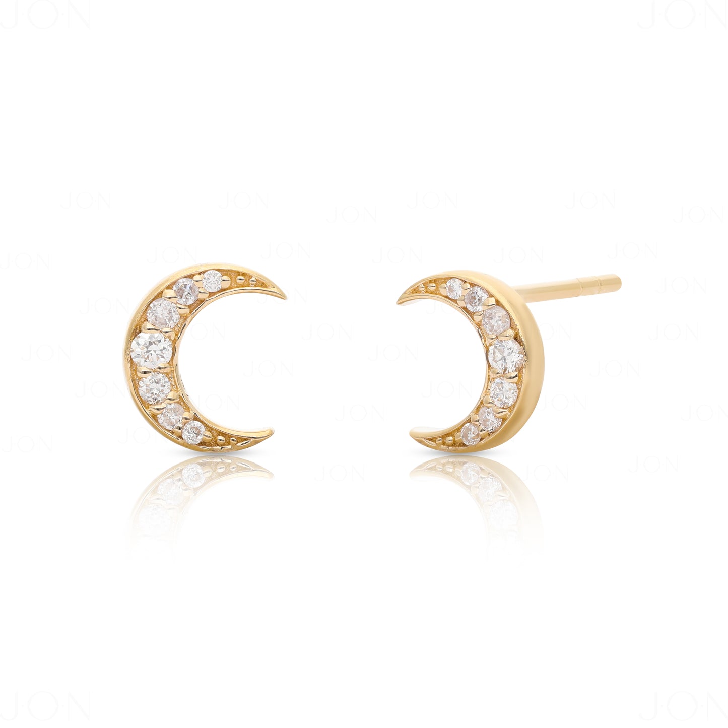 14K Gold 0.10 Ct. Genuine Diamond Crescent Moon Studs Earrings Celestial Jewelry