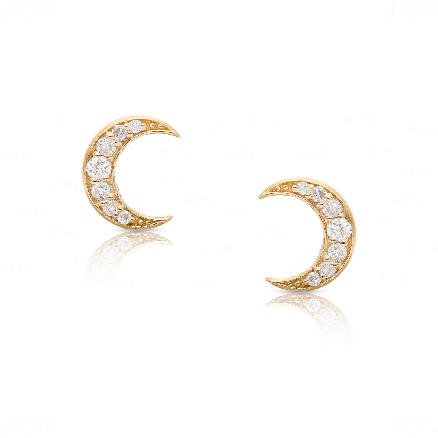 14K Gold 0.10 Ct. Genuine Diamond Crescent Moon Studs Earrings Celestial Jewelry