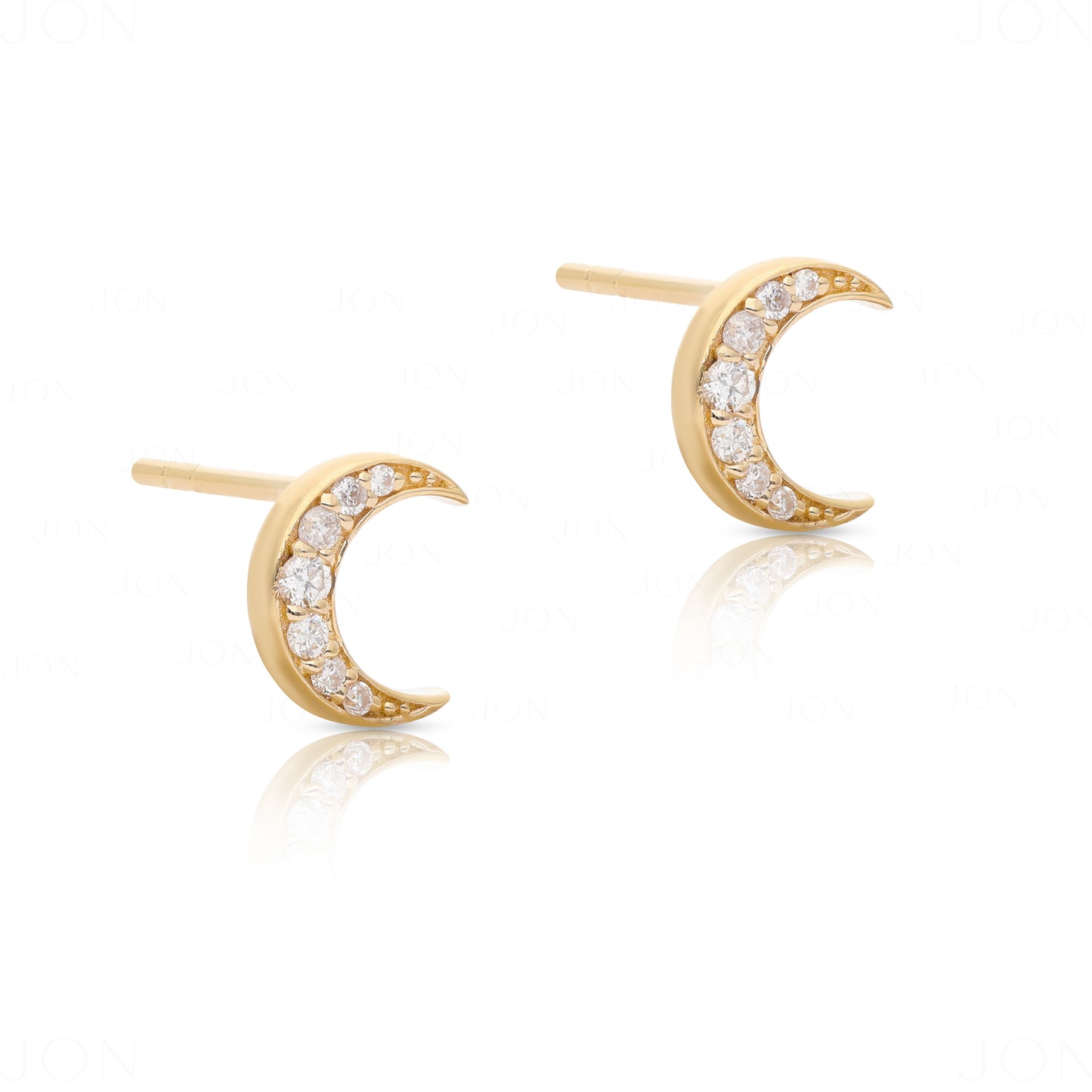 14K Gold 0.10 Ct. Genuine Diamond Crescent Moon Studs Earrings Celestial Jewelry