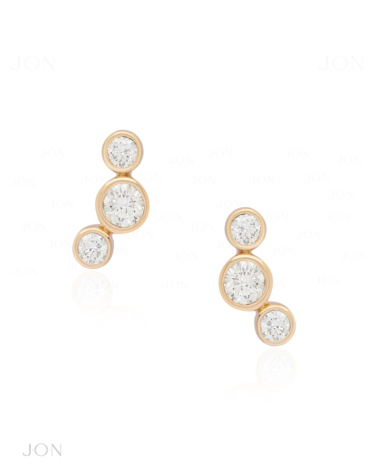 14K Gold 0.23 Ct. Genuine Bezel Set Three Diamond Mini Stud Earring Fine Jewelry