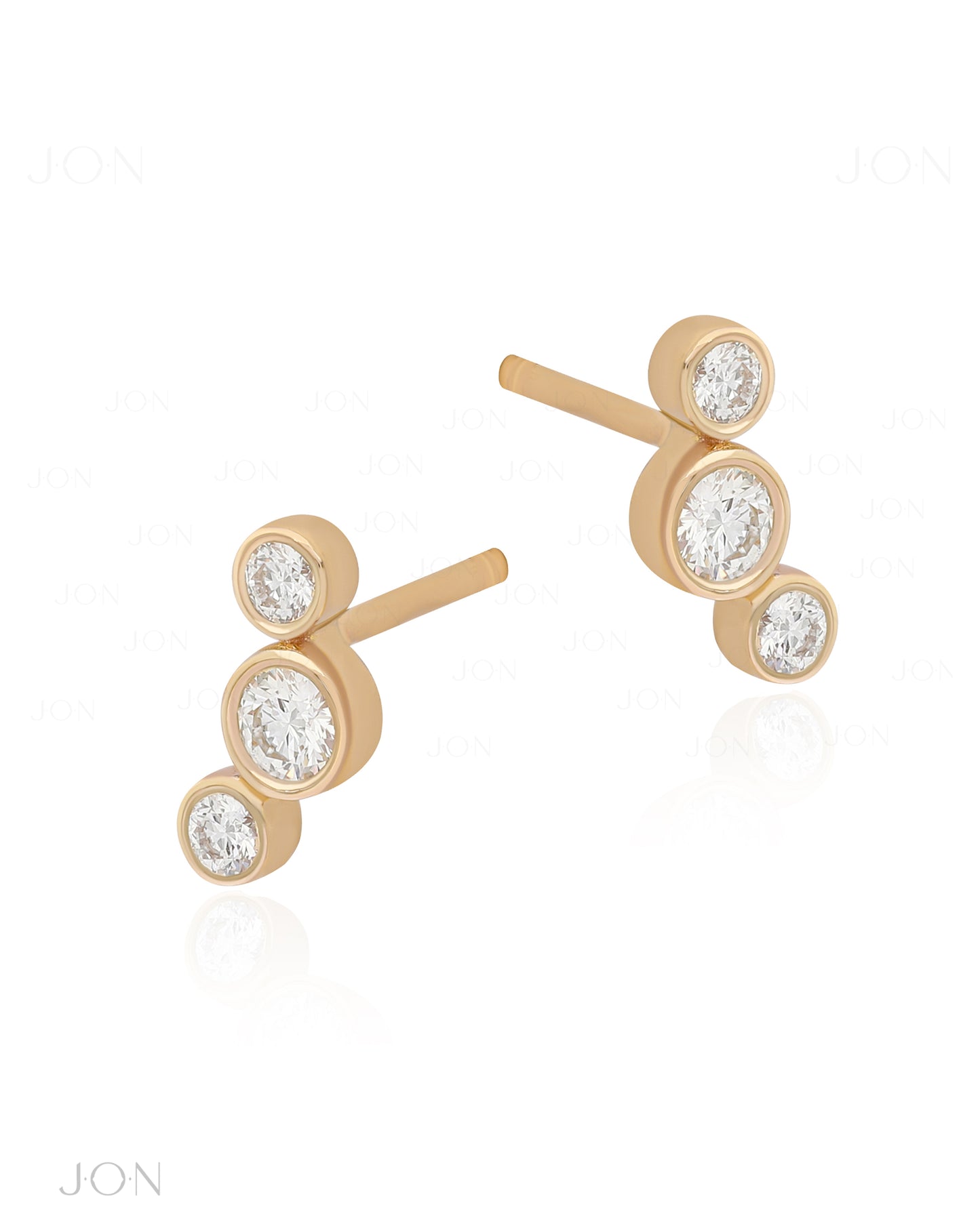 14K Gold 0.23 Ct. Genuine Bezel Set Three Diamond Mini Stud Earring Fine Jewelry