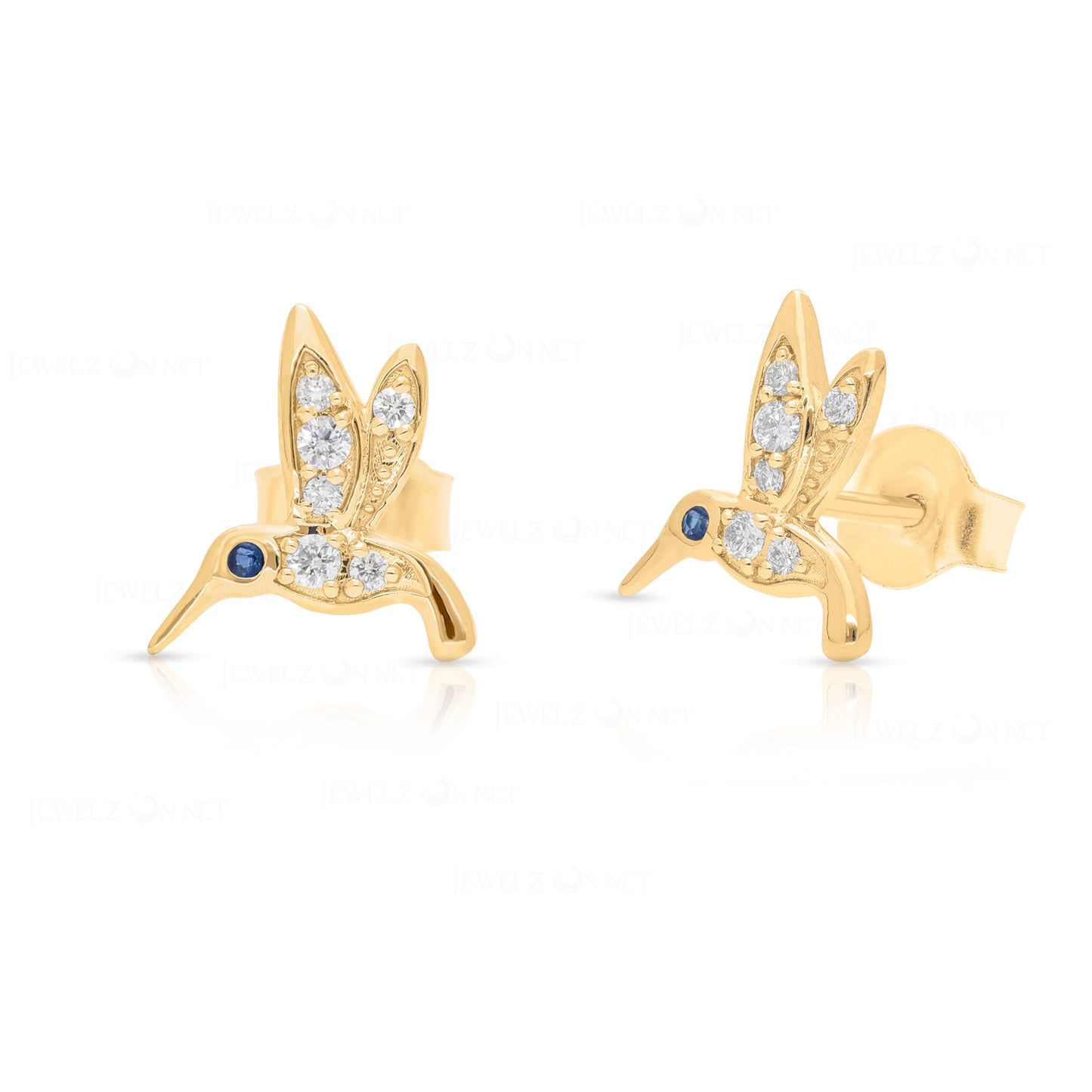 14K Gold Genuine Diamond And Blue Sapphire Gemstone Hummingbird Studs Earrings