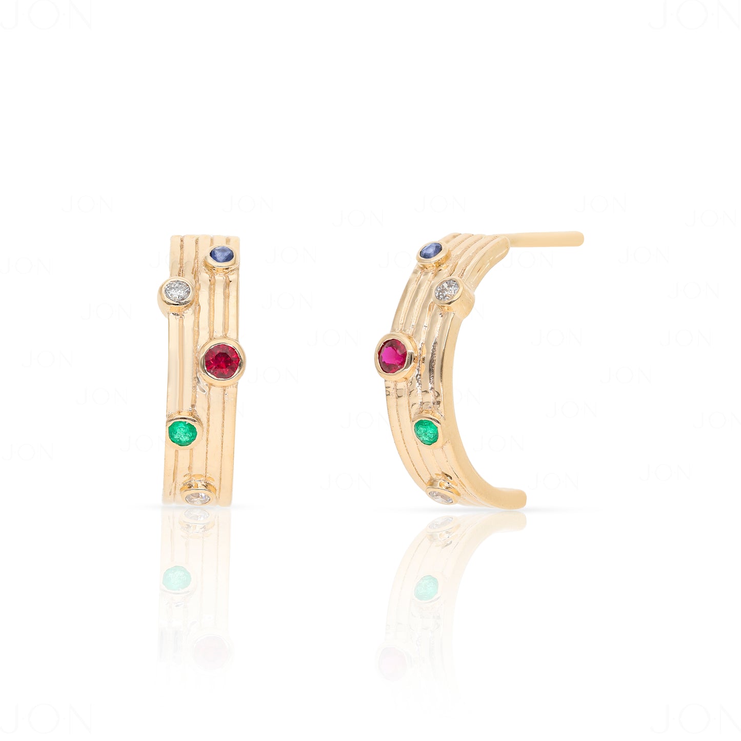 14K Gold Genuine Diamond Ruby Emerald Blue Sapphire Gemstone Half Hoop Earrings