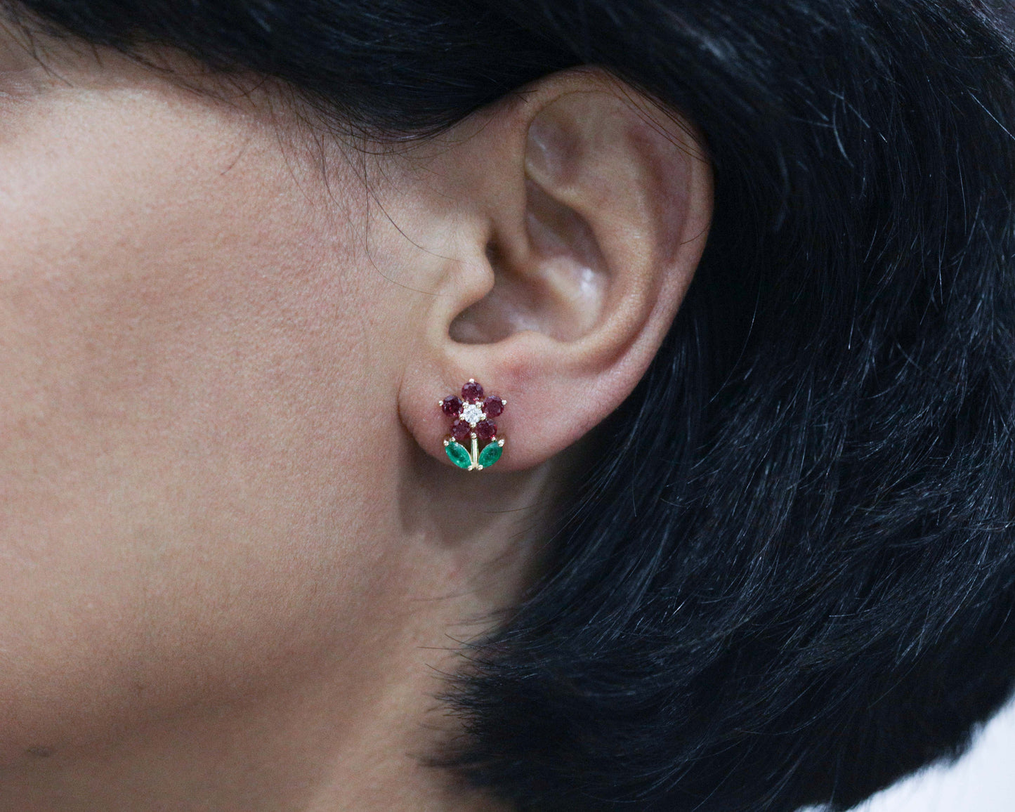 14k Gold Ruby Camellia Earrings