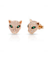 Emerald Gemstone Pave Diamond Panther Head Stud Earrings Solid 14k Yellow Gold