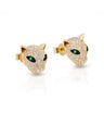 Emerald Gemstone Pave Diamond Panther Head Stud Earrings Solid 14k Yellow Gold