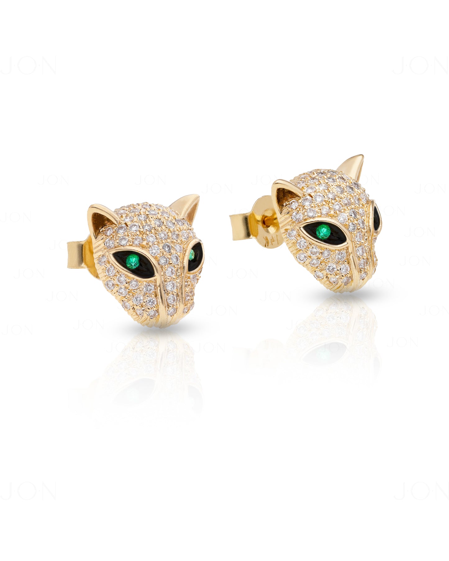 Emerald Gemstone Pave Diamond Panther Head Stud Earrings Solid 14k Yellow Gold