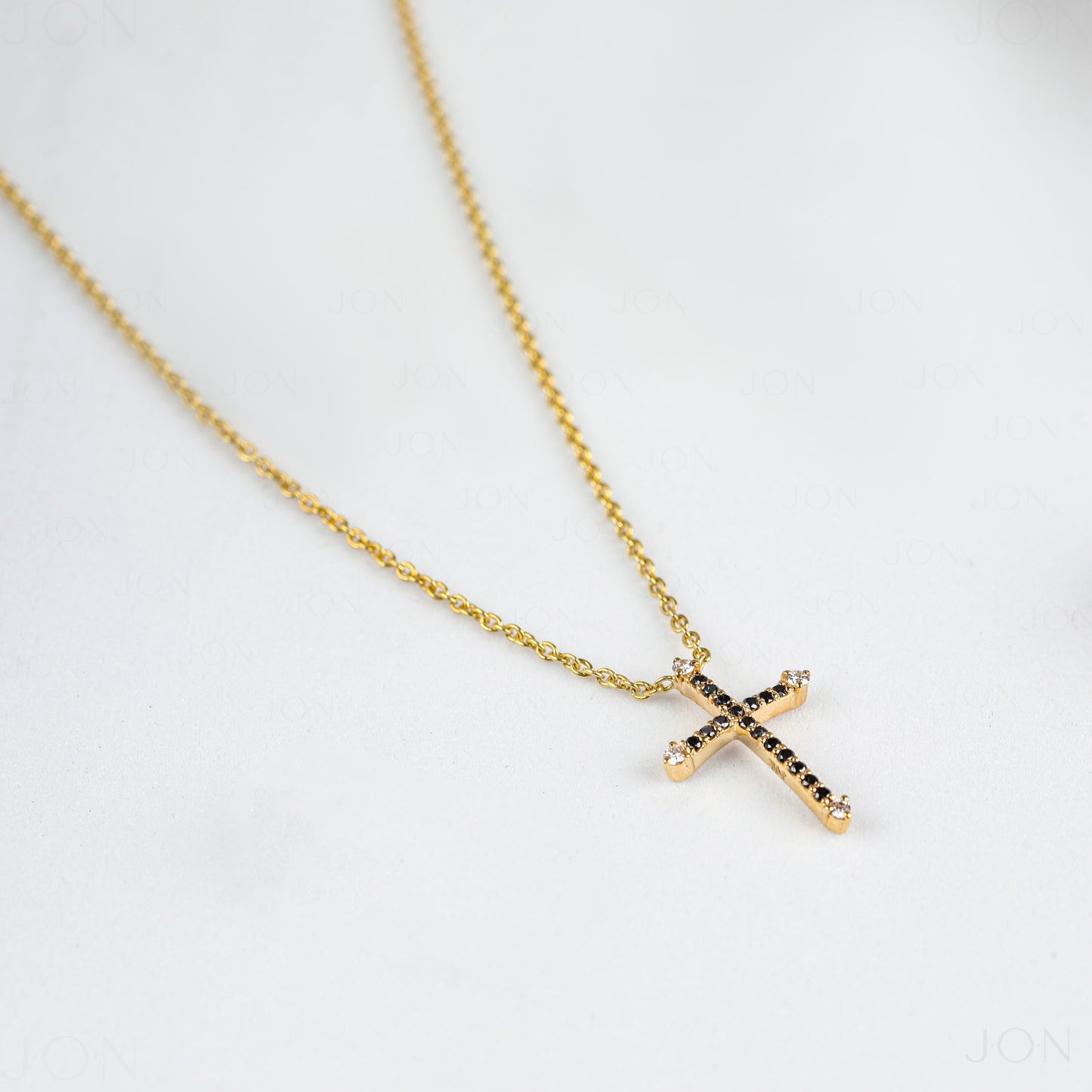 14K Gold 0.15 Ct. Genuine White-Black Diamond Jesus Cross Pendant Necklace Gift