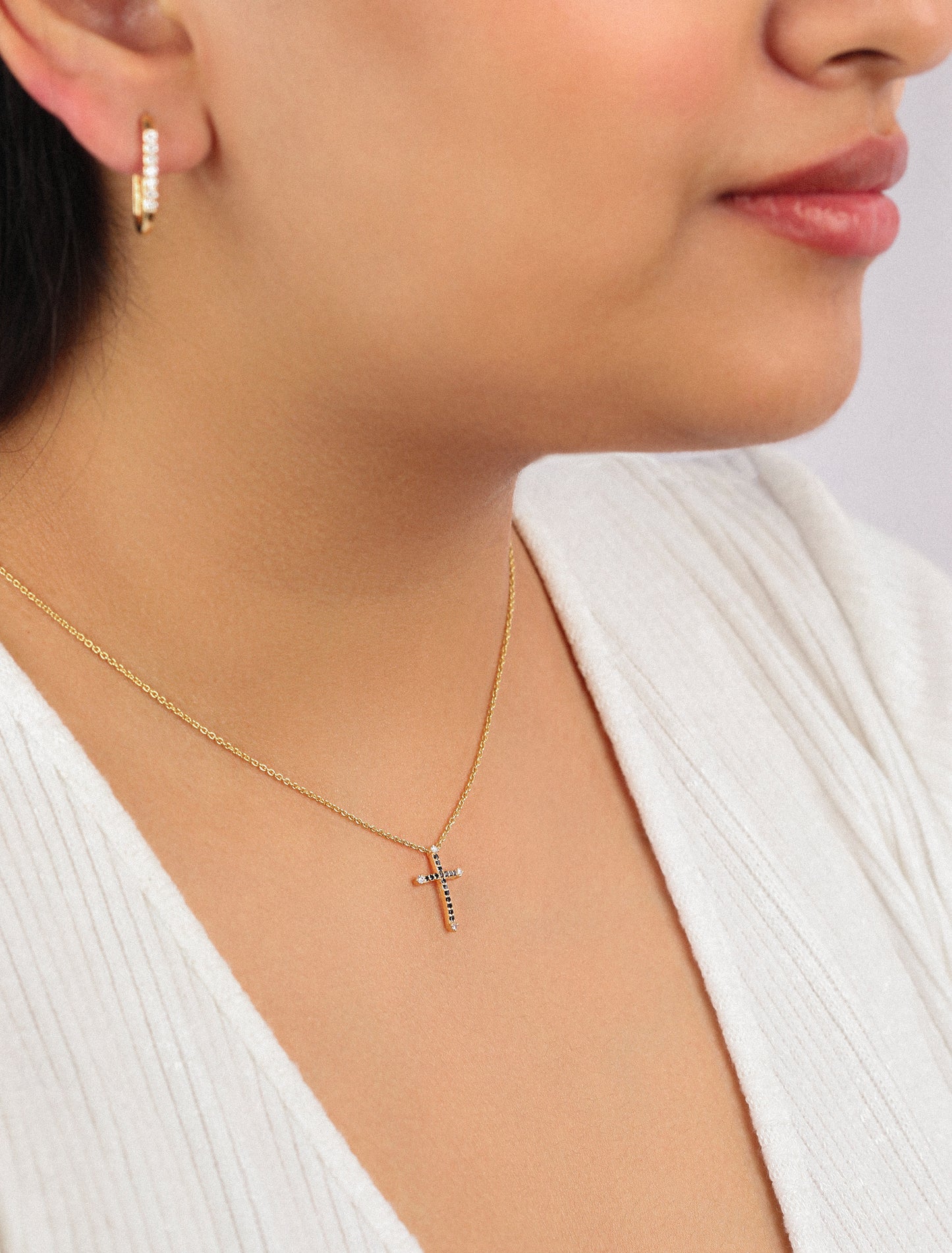 14K Gold 0.15 Ct. Genuine White-Black Diamond Jesus Cross Pendant Necklace Gift