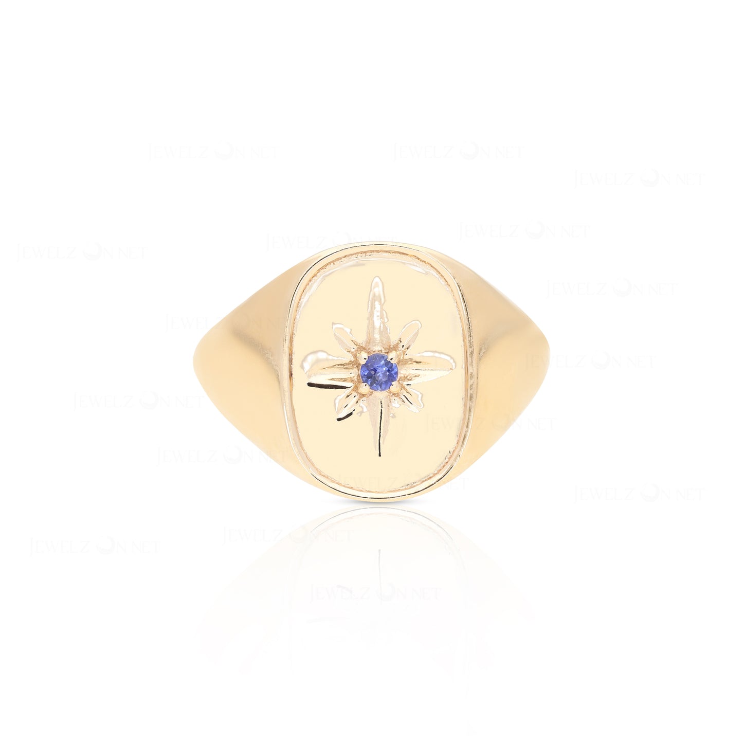 14K Gold 0.04 Ct. Genuine Blue Sapphire Gemstone Engraved Starburst Signet Ring