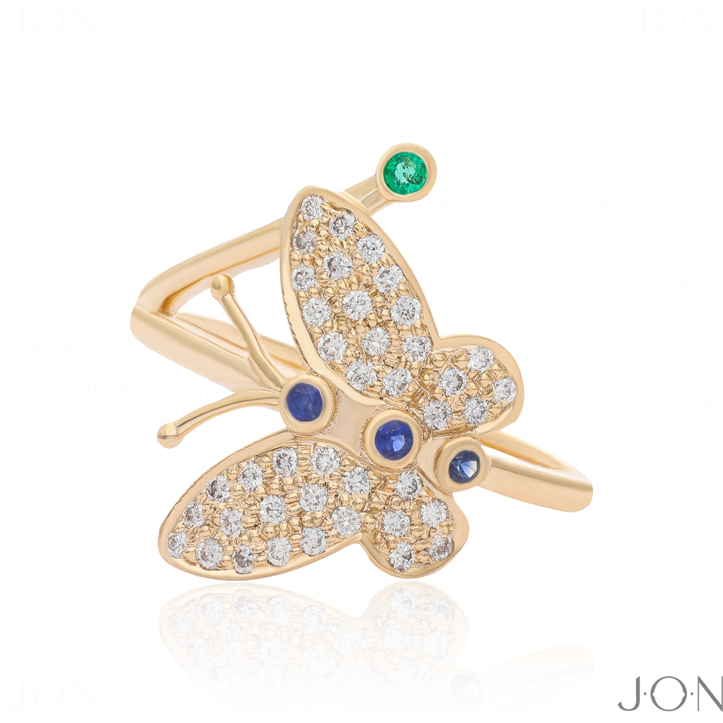 14K Gold Genuine Diamond Blue Sapphire And Emerald Gemstone Butterfly Fine Ring