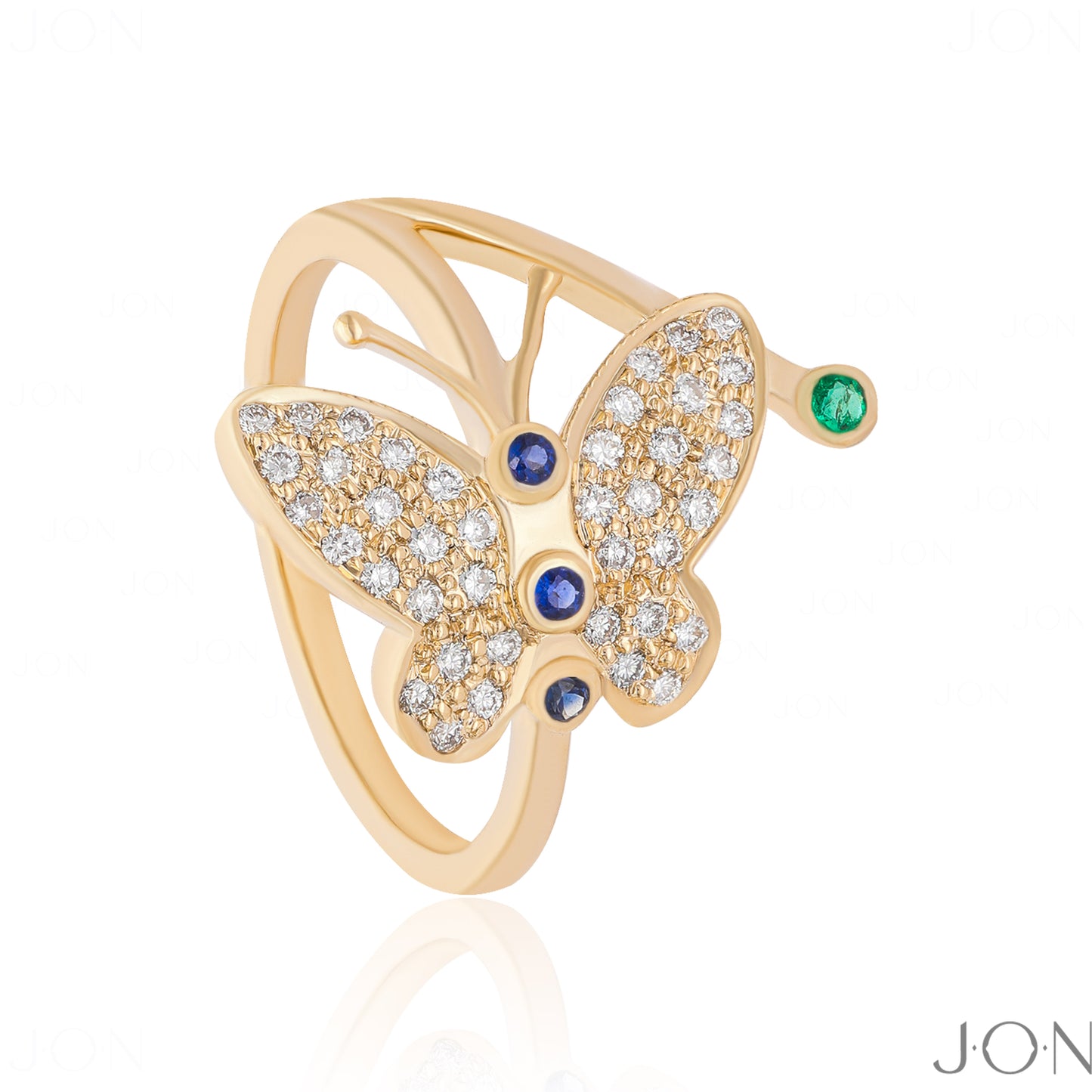 14K Gold Genuine Diamond Blue Sapphire And Emerald Gemstone Butterfly Fine Ring