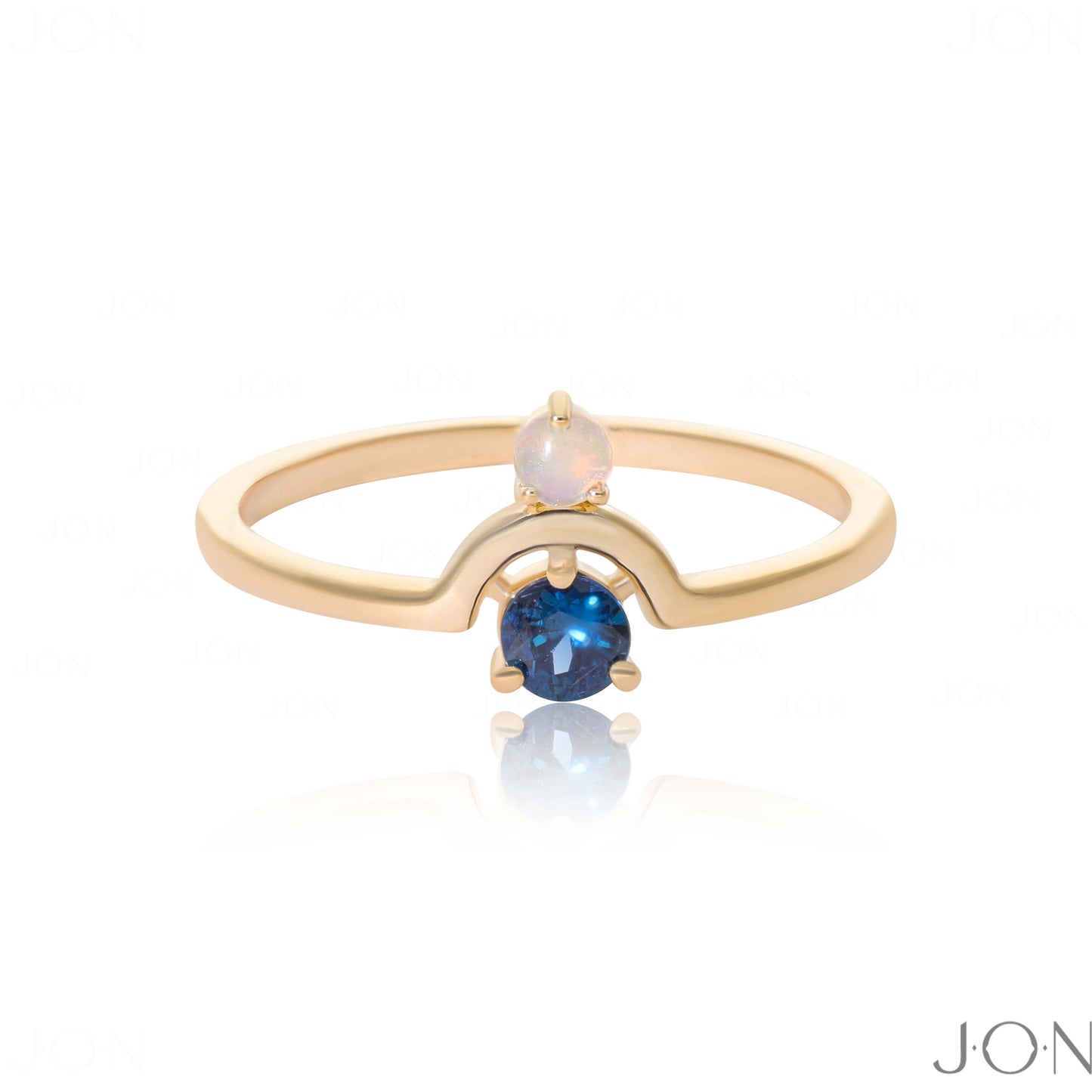 14K Gold Genuine Opal And Blue Sapphire Gemstone Birthday Gift Ring Fine Jewelry