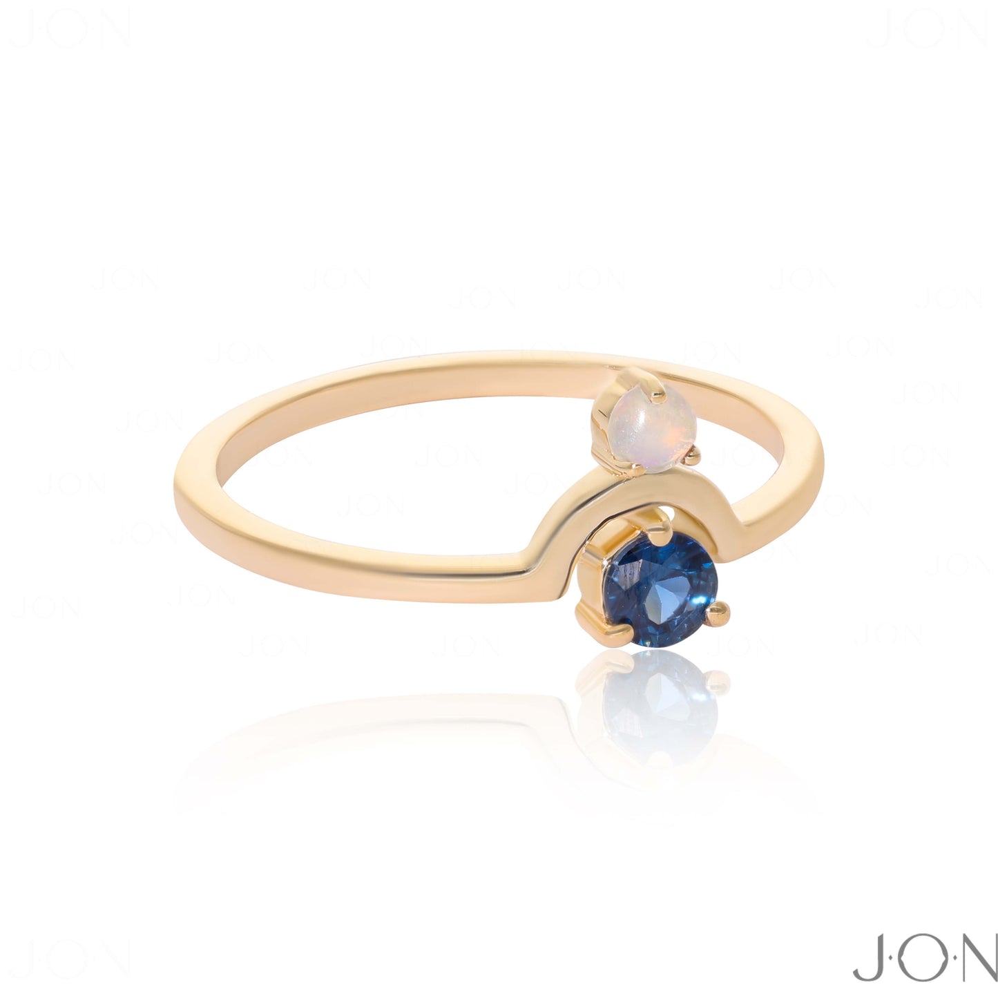 14K Gold Genuine Opal And Blue Sapphire Gemstone Birthday Gift Ring Fine Jewelry