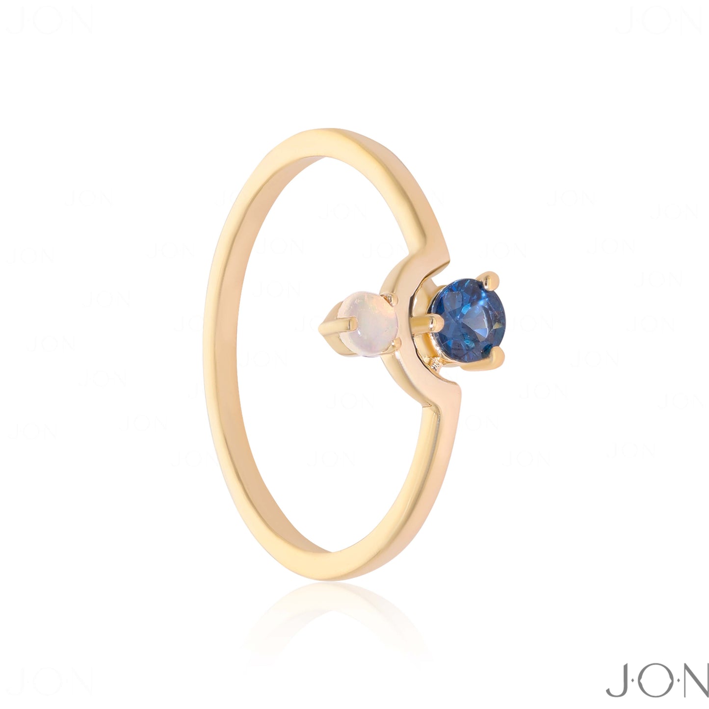 14K Gold Genuine Opal And Blue Sapphire Gemstone Birthday Gift Ring Fine Jewelry