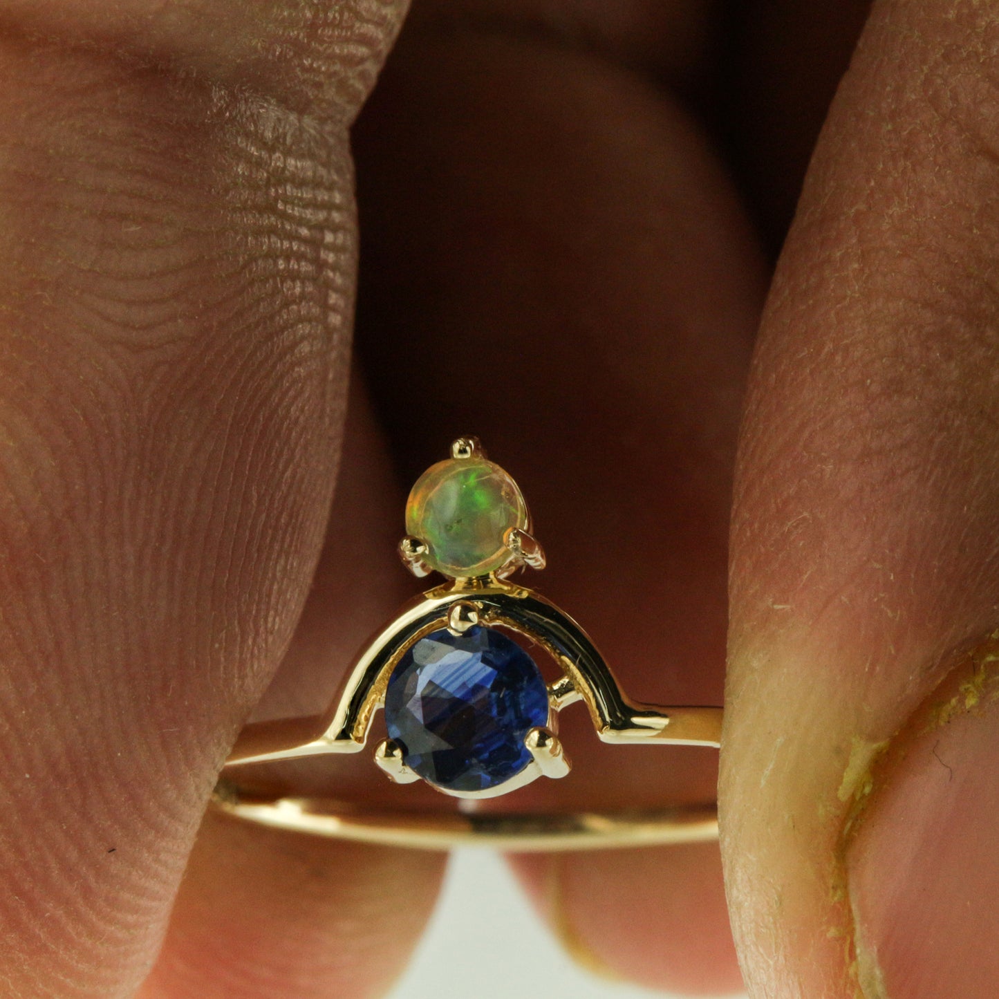 14K Gold Genuine Opal And Blue Sapphire Gemstone Birthday Gift Ring Fine Jewelry