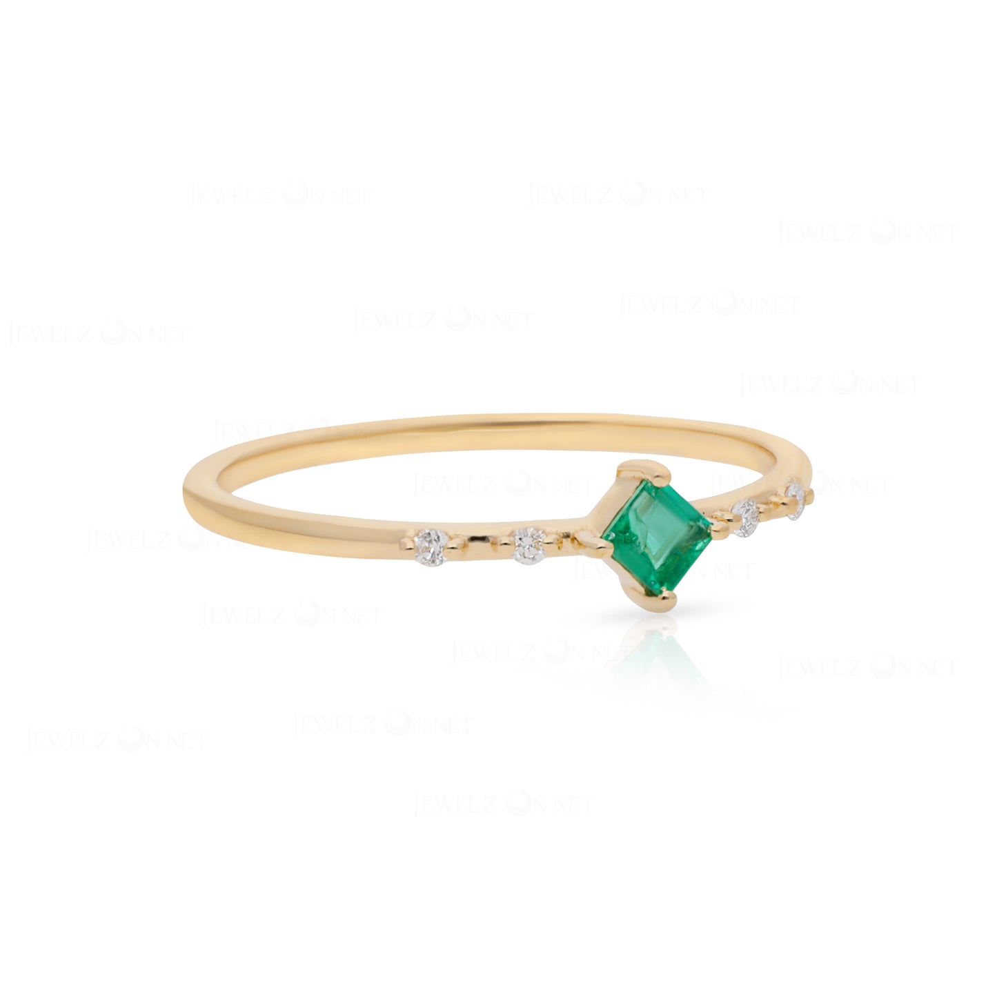 14K Gold Genuine Diamond And Square Shape Emerald Gemstone Wedding Fine Ring