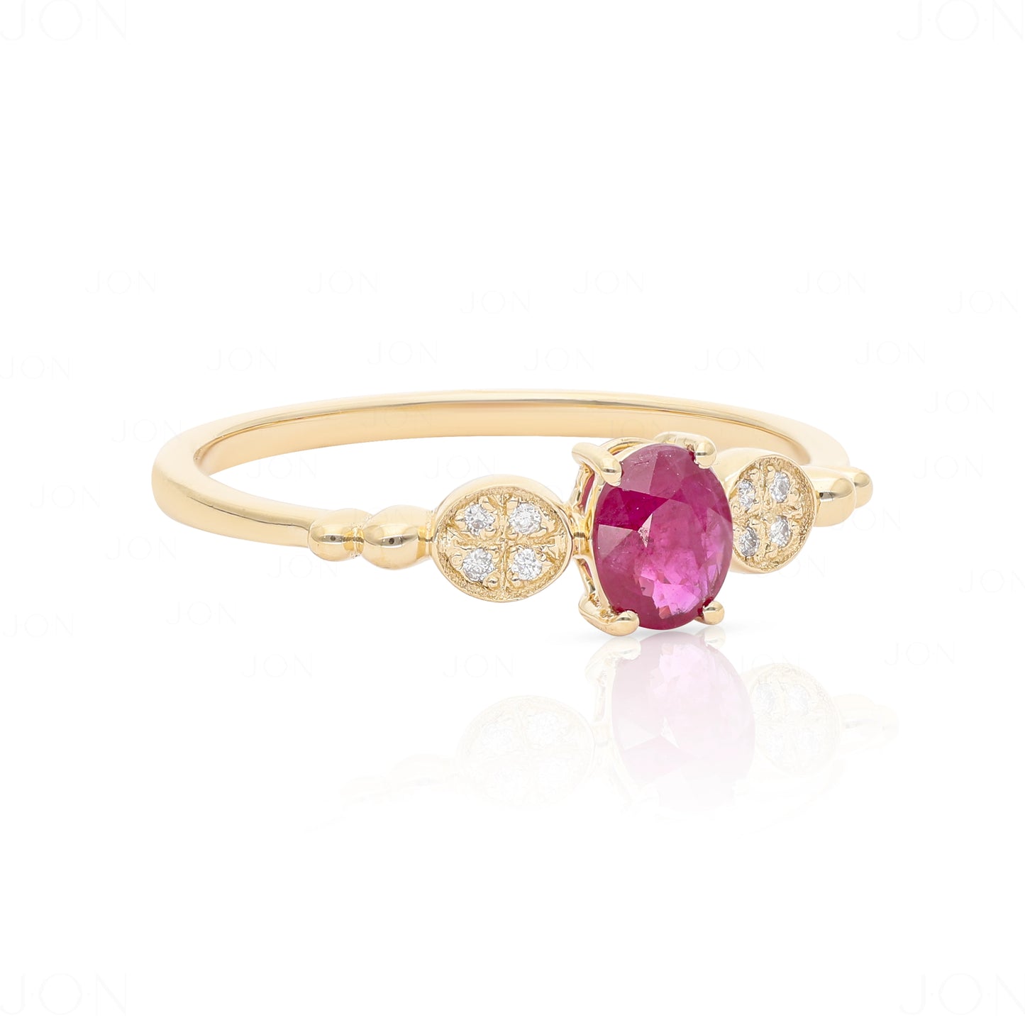 14K Gold Genuine Diamond And Oval Cut Ruby July Birthstone Wedding Band Ring