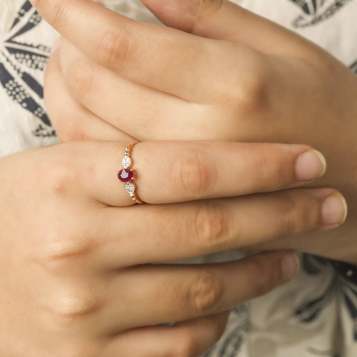 14K Gold Genuine Diamond And Oval Cut Ruby July Birthstone Wedding Band Ring