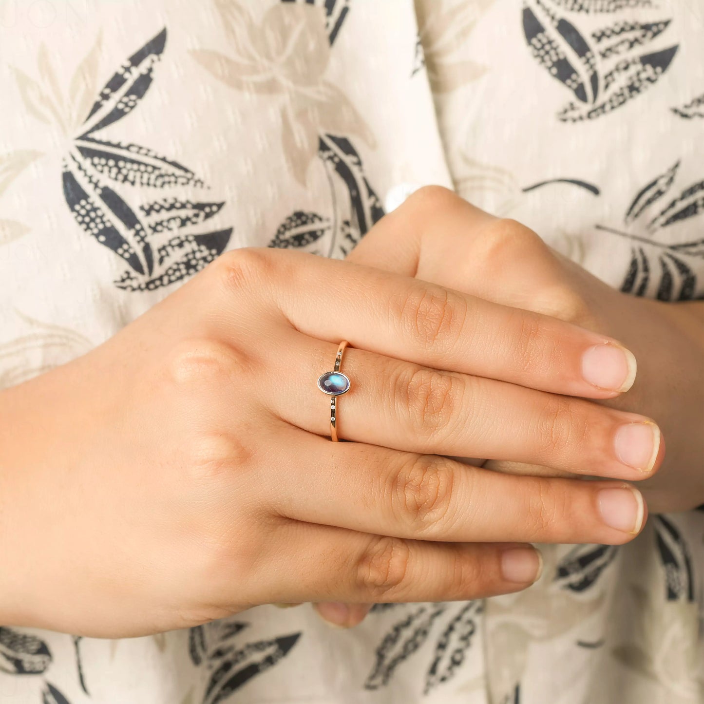 14K Gold Genuine Diamond - Rainbow Moonstone Delicate Wedding Ring Fine Jewelry