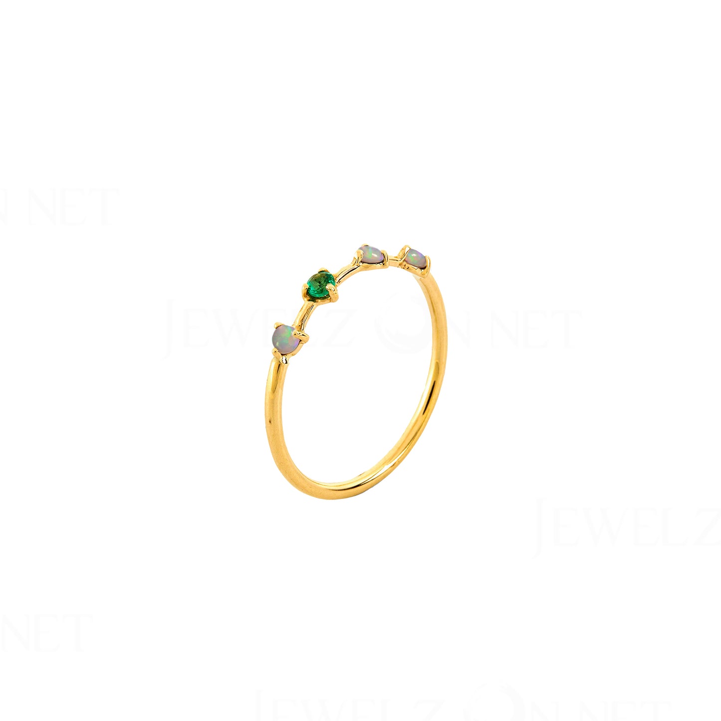 14K Gold Genuine Opal And Emerald Gemstone Four Step Ring Fine Jewelry