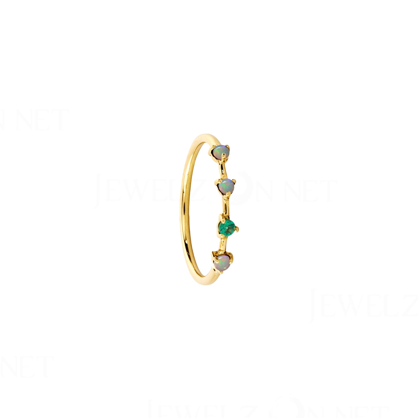 14K Gold Genuine Opal And Emerald Gemstone Four Step Ring Fine Jewelry