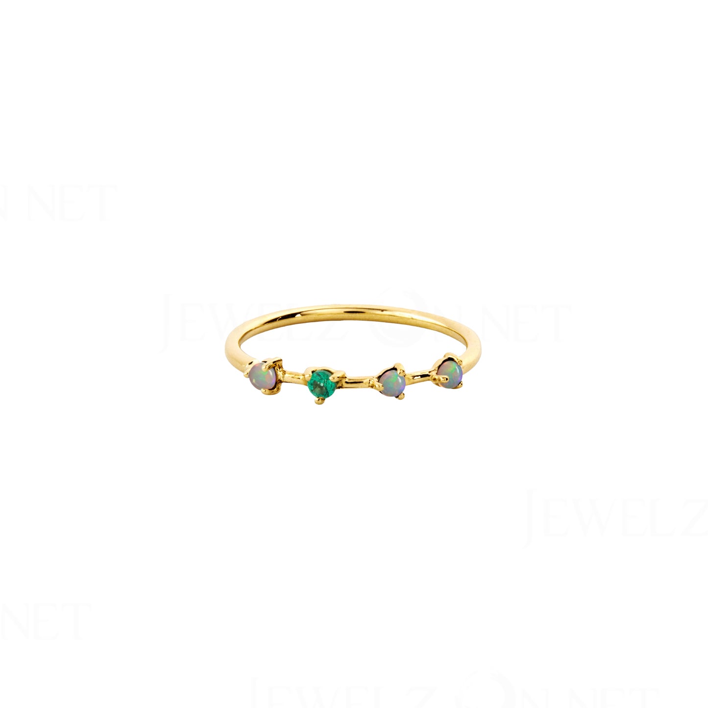 14K Gold Genuine Opal And Emerald Gemstone Four Step Ring Fine Jewelry