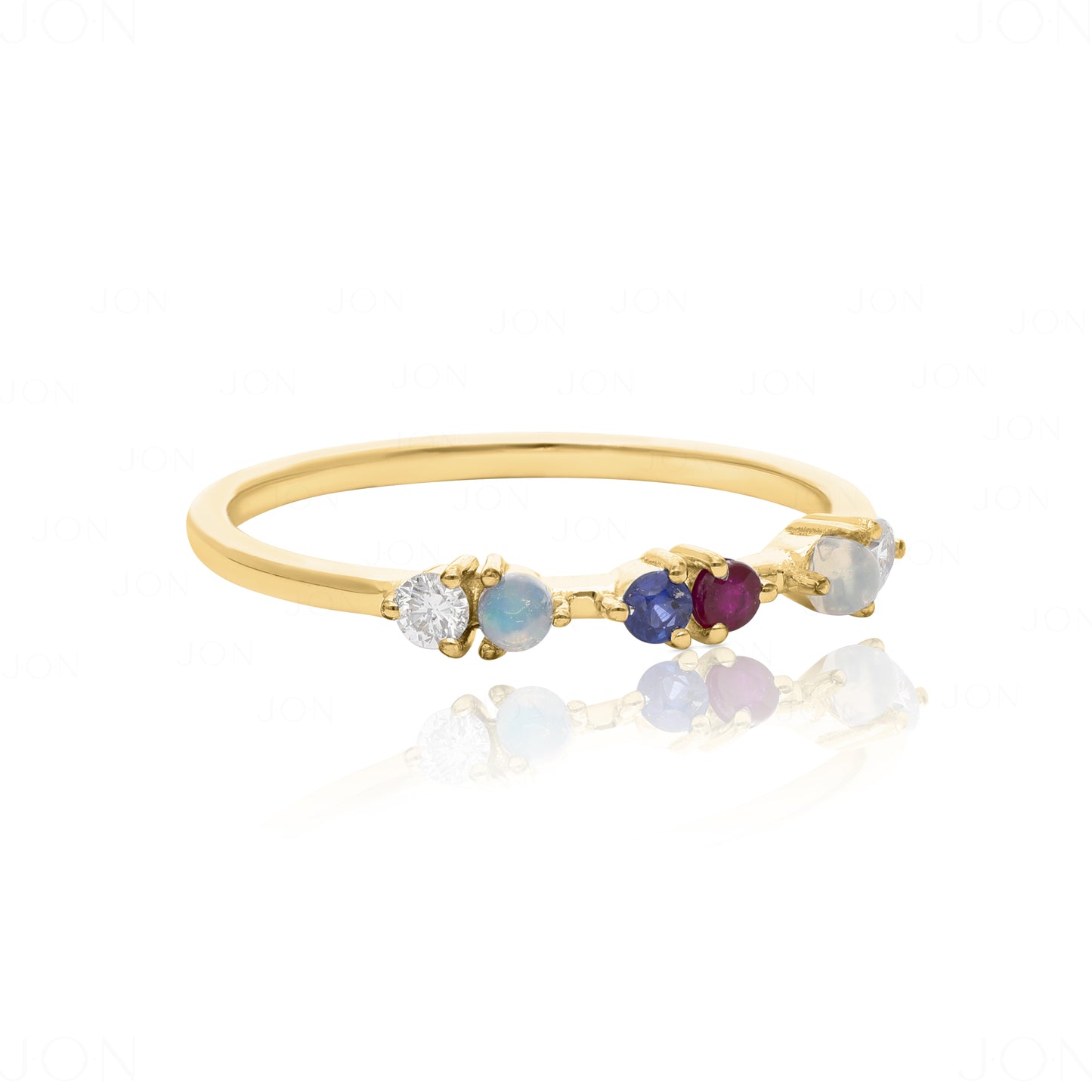 14K Gold Genuine Diamond Opal Ruby And Blue Sapphire Gemstone Friendship Ring