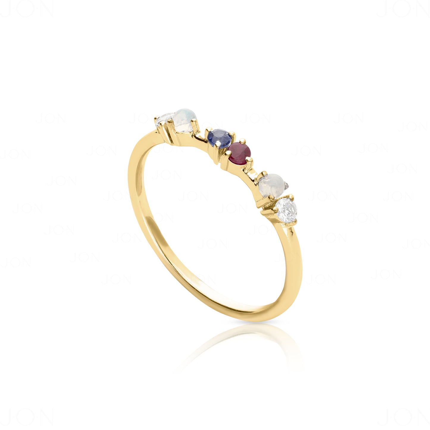 14K Gold Genuine Diamond Opal Ruby And Blue Sapphire Gemstone Friendship Ring