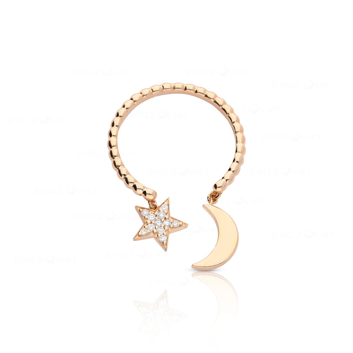 14K Gold Beaded 0.10 Ct. Genuine Diamond Dangling Star Moon Ring Fine Jewelry