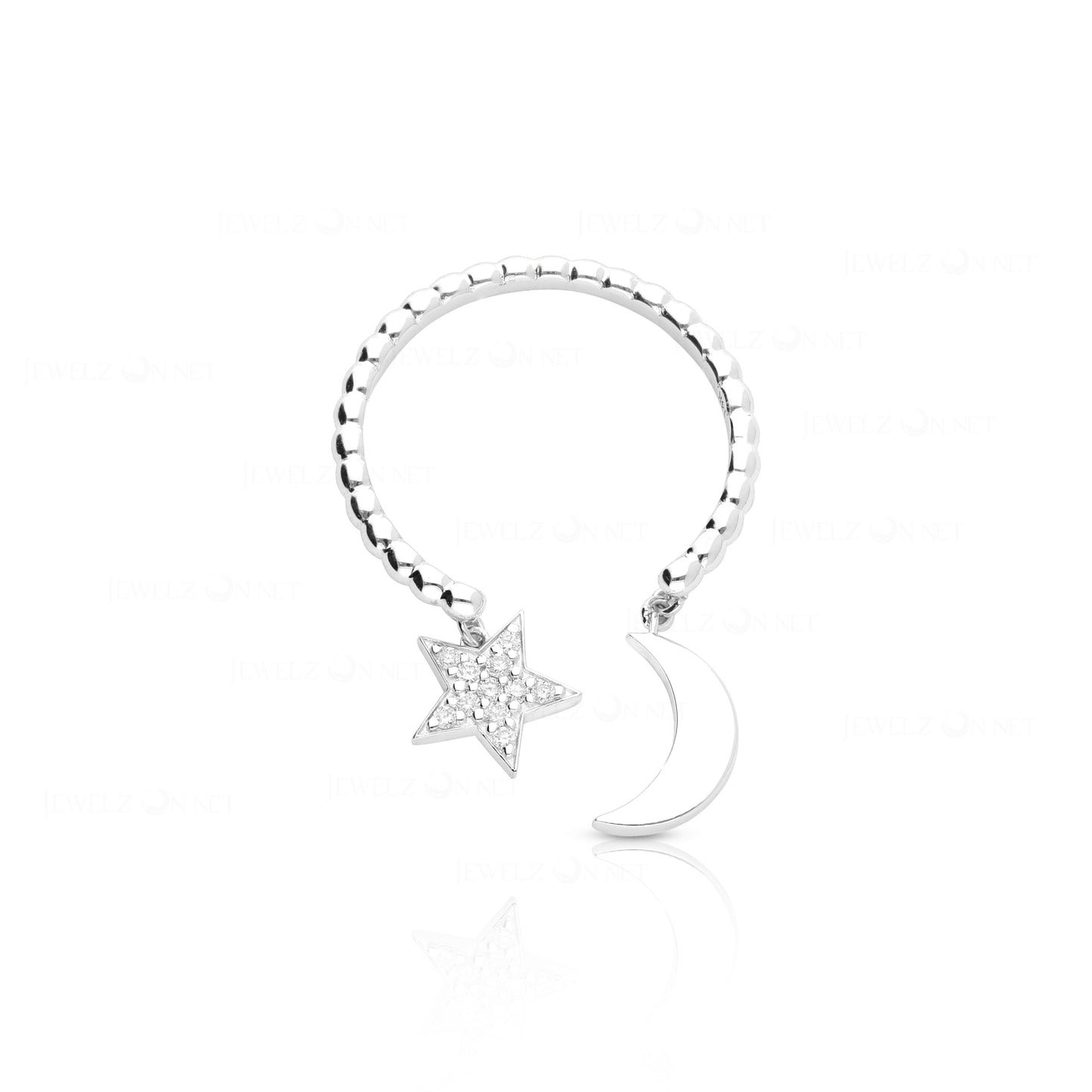 14K Gold Beaded 0.10 Ct. Genuine Diamond Dangling Star Moon Ring Fine Jewelry